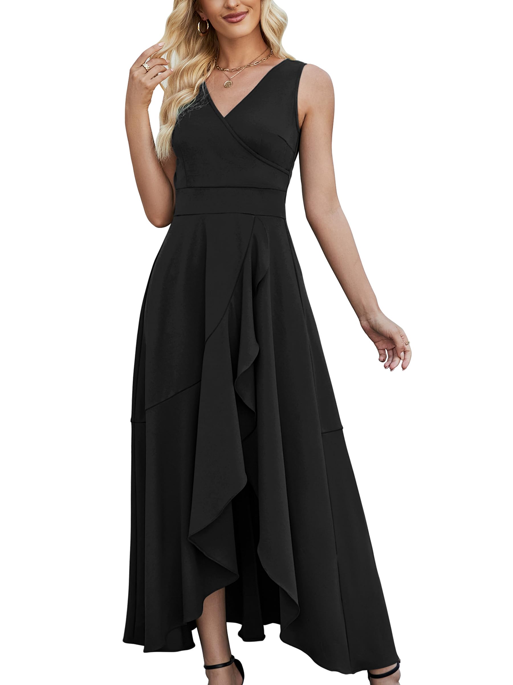 Elegant V-Neck Evening Gowns for Women 2024 - Formal Wedding Guest Dresses, Sleeveless Prom Dress with Pockets | Perfect for Parties, Galas & Special Occasions