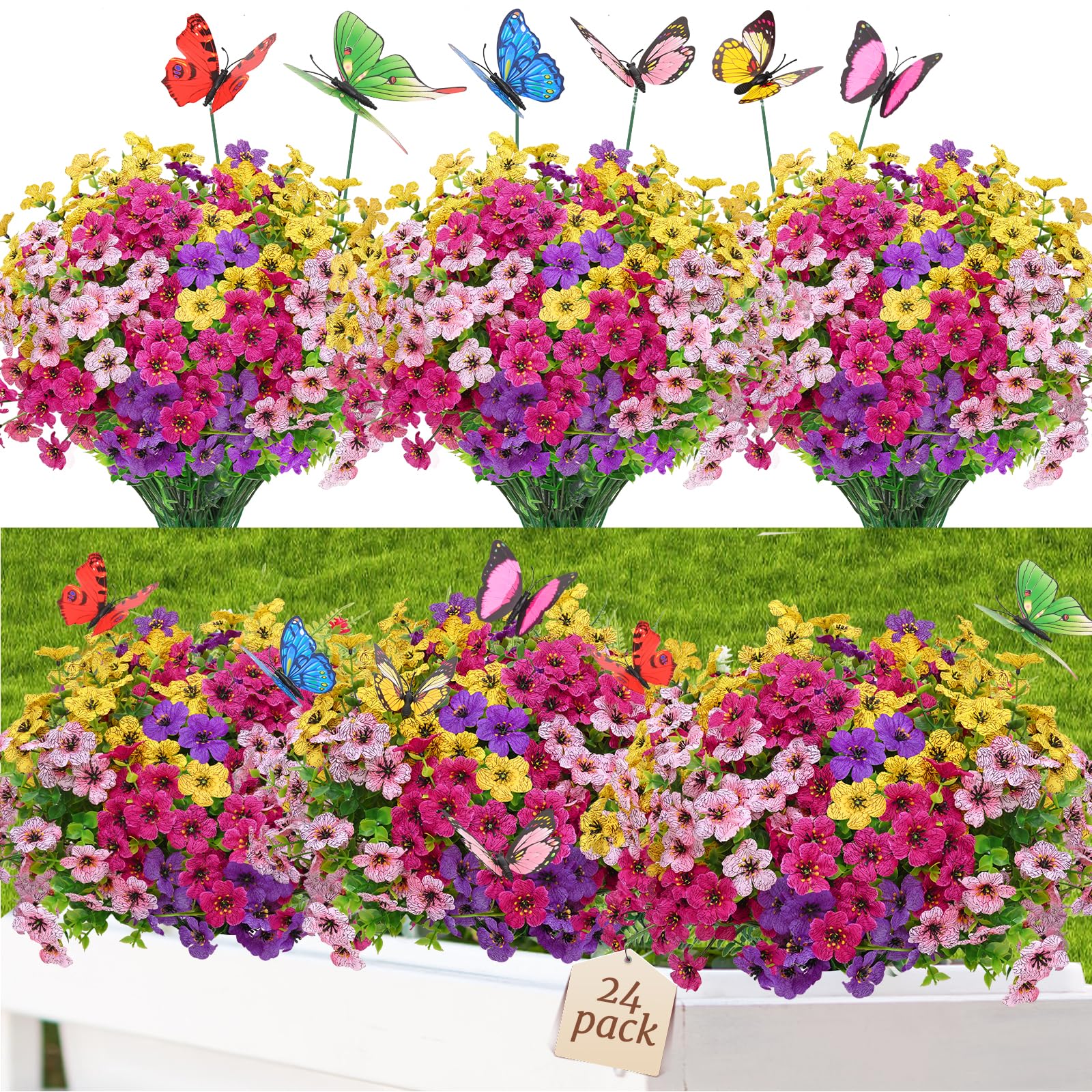 Yastouay 24 Pack UV Resistant Artificial Flowers for Outdoor Decor - Fade Proof Fake Plants for Garden, Porch, Window Box & Farmhouse Planters (Multi-Color) | Perfect for Patio, Wedding & Home Decoration