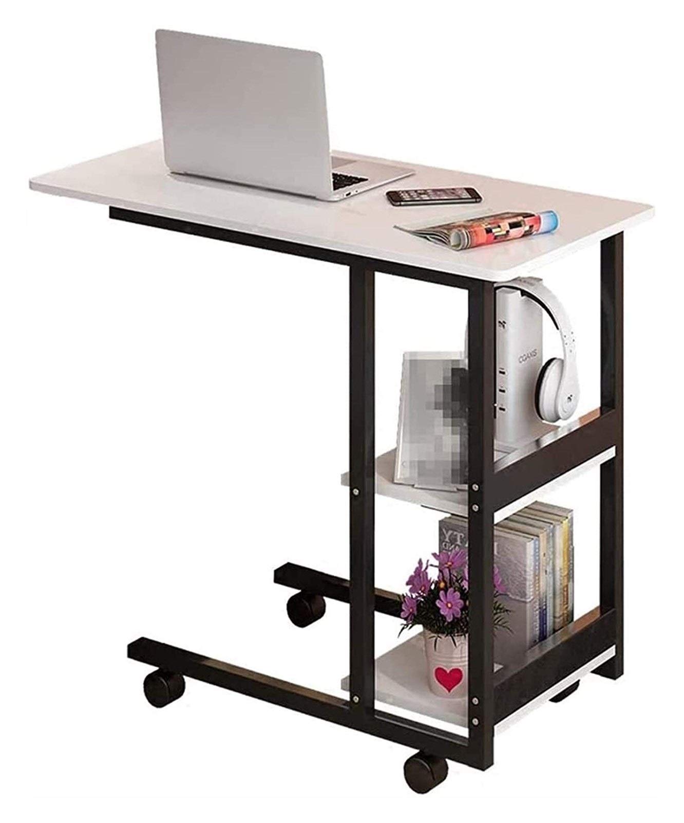 Adjustable Laptop Desk with Bookshelves - Portable Standing Desk for Home Office, Bedroom & Living Room - Wooden Rolling Study Cart with Tray - Perfect for Remote Work, Gaming & Reading in Bed