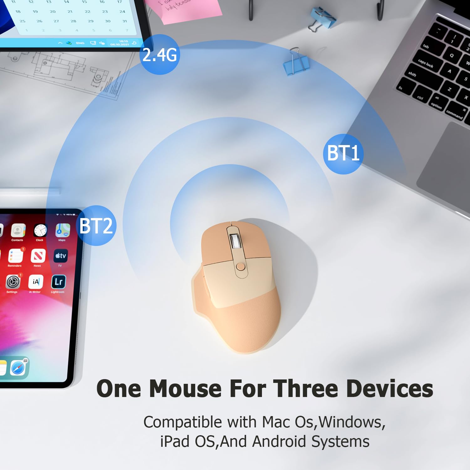 MOFII Ergonomic Wireless Mouse - Bluetooth Mouse with Silent Clicks, 5 Buttons, Multi-Device Connectivity for Windows, macOS, iPadOS - Comfortable for Office, Home & Travel Use (Cream)