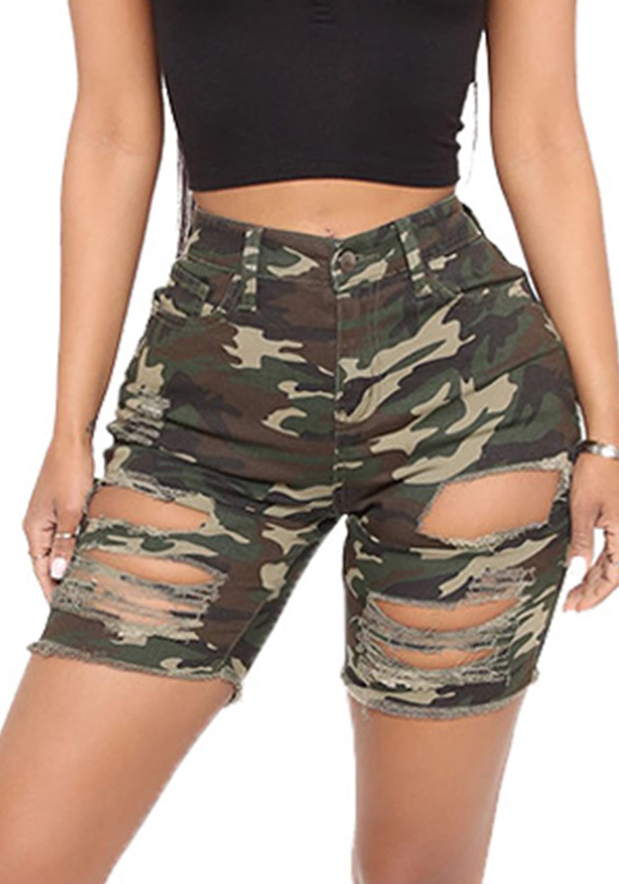 LAJIOJIO Women's High Waisted Ripped Denim Shorts - Distressed Washed Camo Print Jeans Shorts for Summer Casual Wear & Street Style Outfits