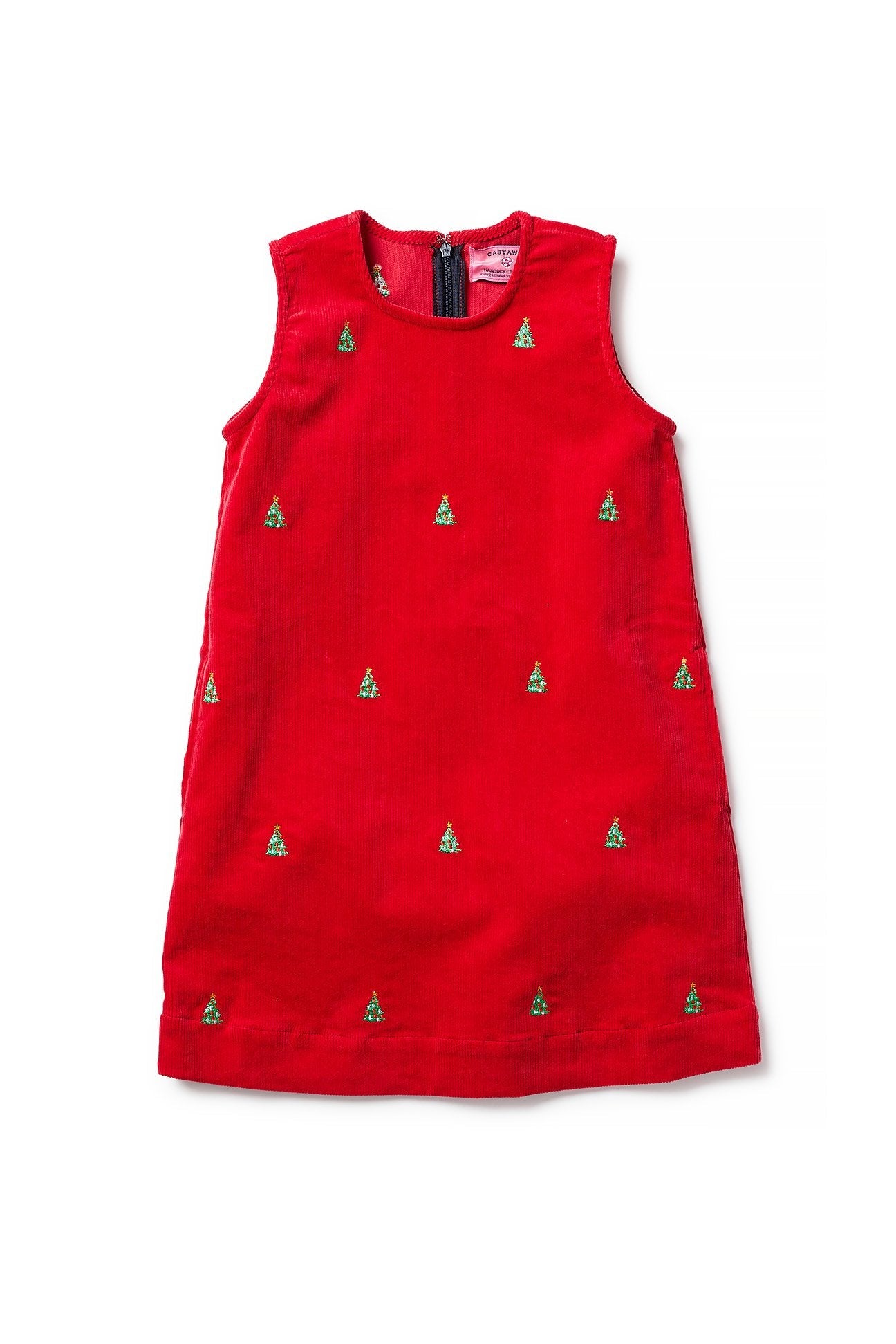 Girls Corduroy Shift Dress - Crimson Red with Christmas Tree Print - Holiday Party, Christmas Outfit, Festive Family Gathering