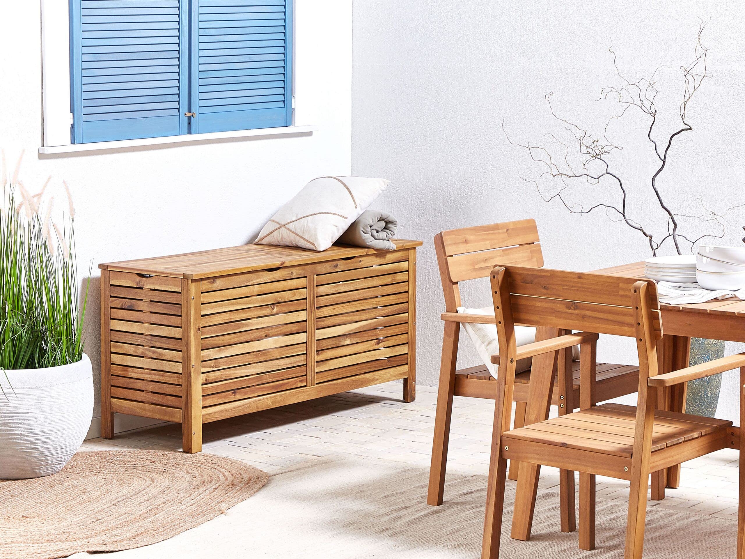 Acacia Wood Storage Chest 130 x 64 x 48 cm - Rustic Oil-Finished Garden Storage Box for Patio, Balcony & Riviera Style Decor - Perfect for Outdoor Blanket, Cushion & Seasonal Item Organization