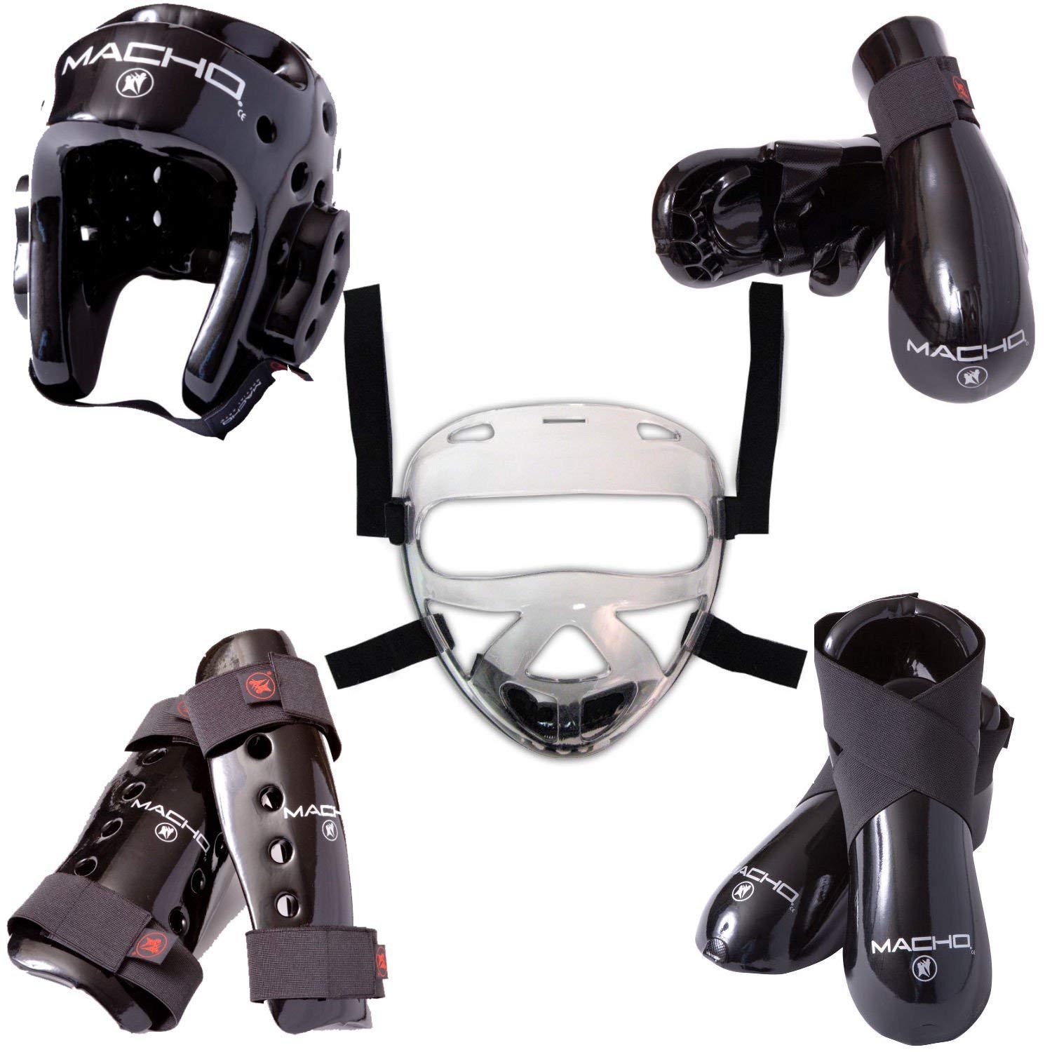 Macho Dyna 8-Piece Adult Sparring Gear Set with Shin Guards & Face Shield - Black XL | MMA, Kickboxing & Taekwondo Training Equipment