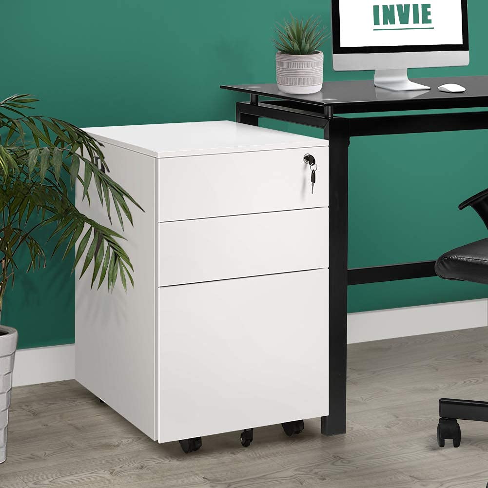 INVIE 3-Drawer Locking Mobile File Cabinet - White Metal Vertical Rolling Storage with Hanging Frame | Perfect for Office, Home & School Organization