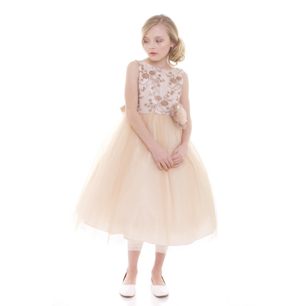 Elegant Champagne Embroidery Flower Girl Dress for Big Girls Size 8-12 - Perfect for Weddings, Special Occasions & Photoshoots