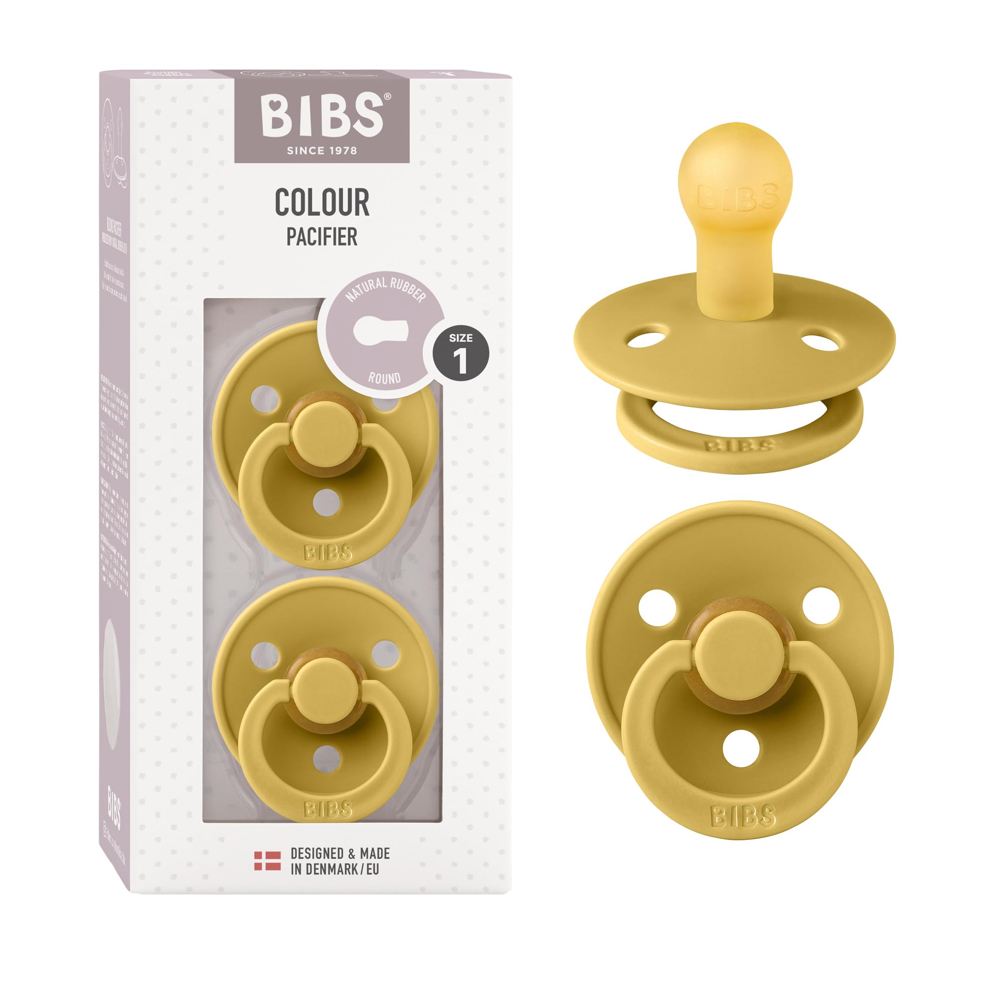 BIBS Colour Baby Pacifier 2-Pack - BPA-Free Natural Rubber Latex Soother for Newborns (0-6 Months) | Size 1 Round Nipple | Mustard/Mustard | Made in Denmark | Perfect for Daytime Comfort & Nighttime Soothing