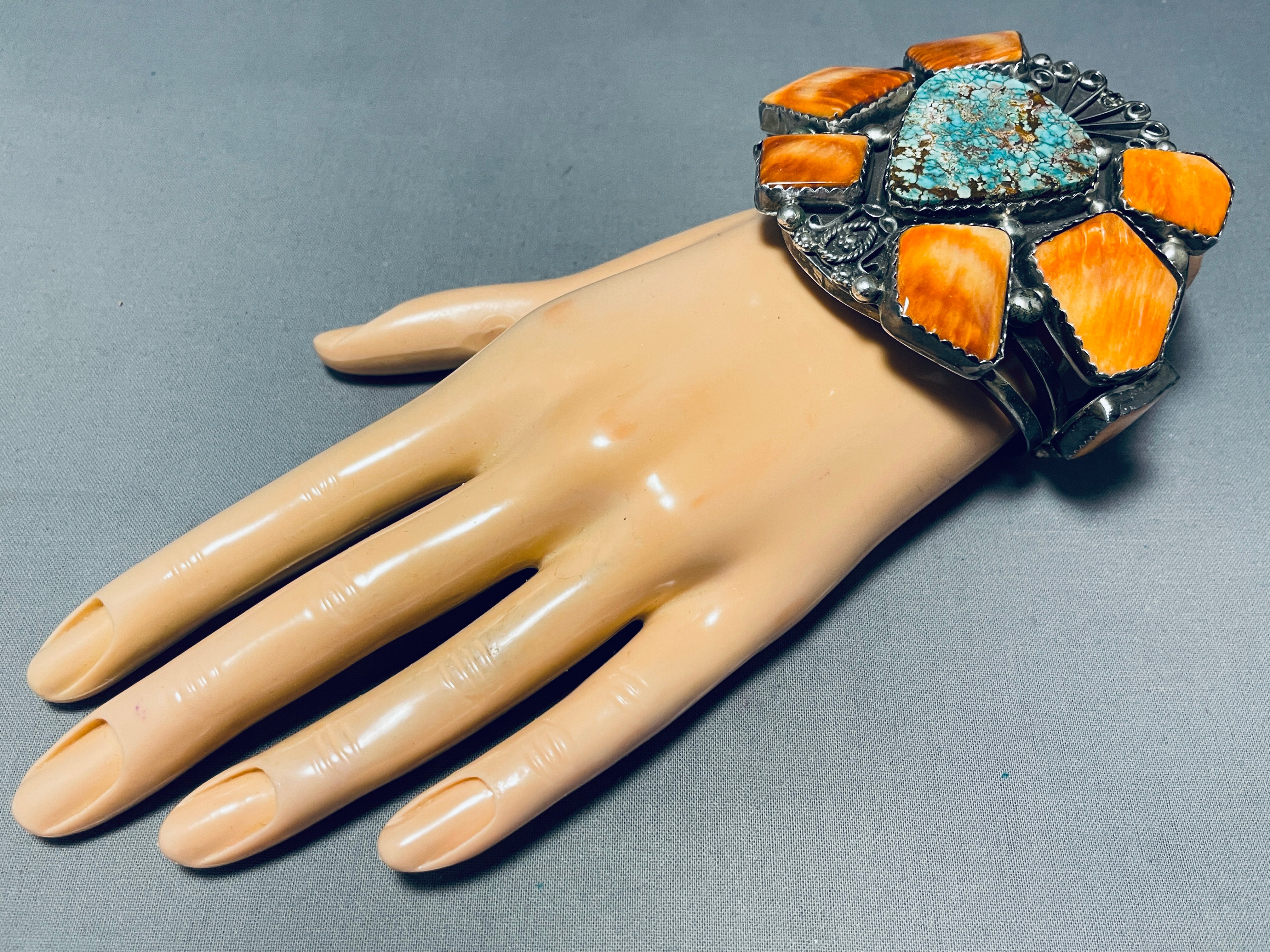Vintage Navajo Sterling Silver Bracelet with Turquoise Shell Cluster – 144g Authentic Native American Jewelry for Women, Boho Fashion & Gift Ideas