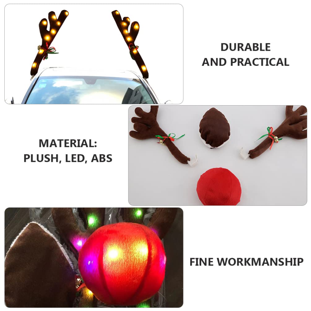 VICASKY LED Luminous Reindeer Antlers Car Decor - Christmas Roof Top Ornament with Red Nose & Plush Suit Kit for Auto Window Decoration | Perfect for Holiday Car Parades, Christmas Parties & Festive Family Road Trips