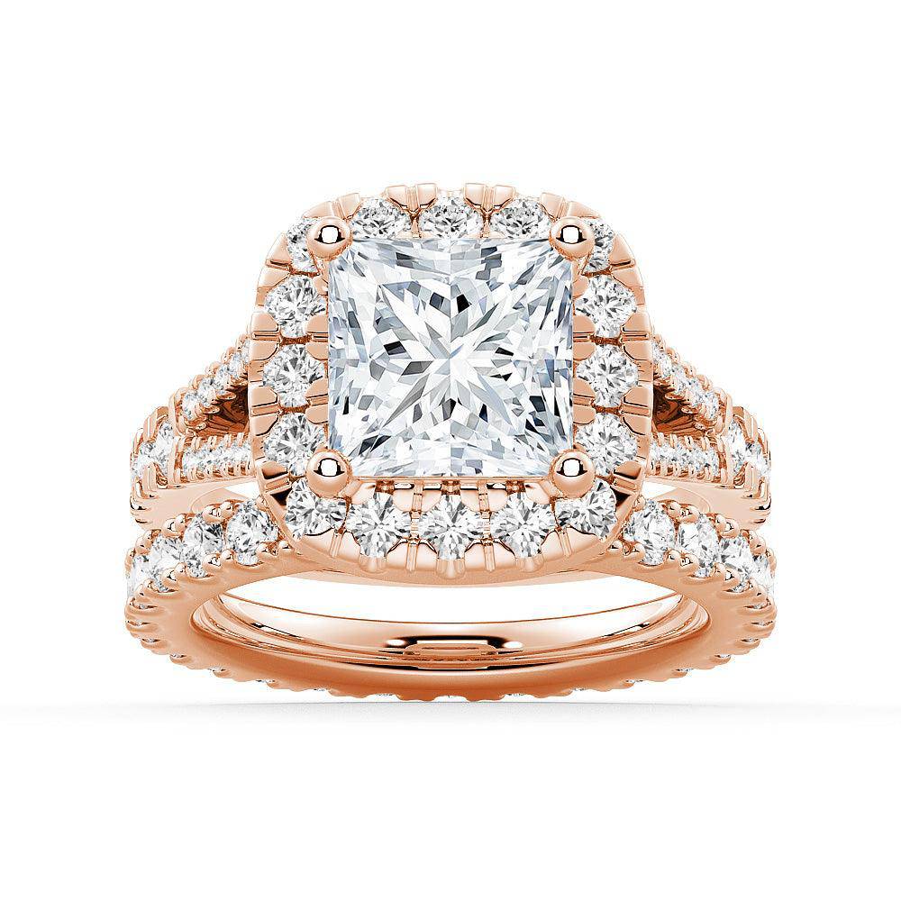 Princess Cut Split Shank Halo Moissanite Engagement Ring Set with Matching Wedding Band - Perfect for Proposals, Anniversaries & Bridal Jewelry