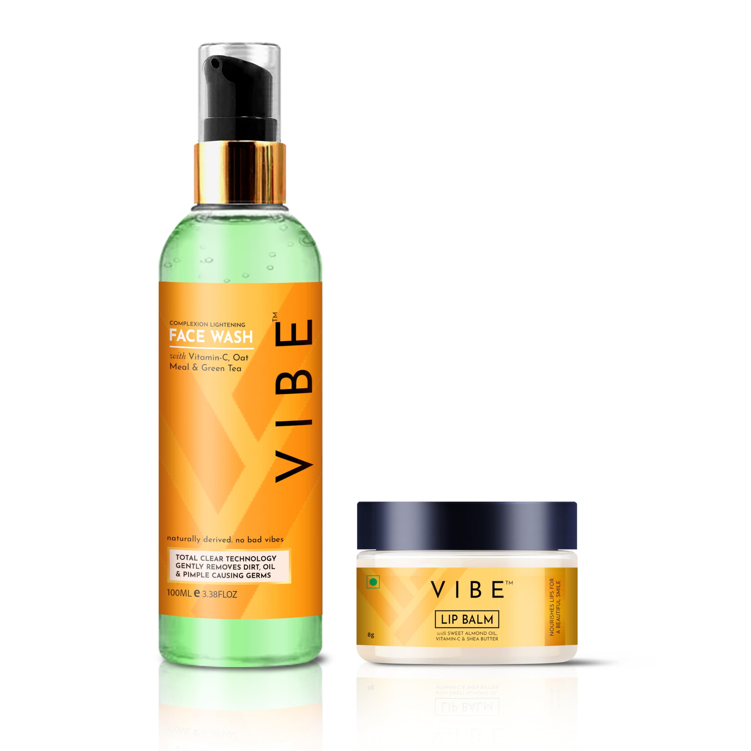 VIBE Vitamin C Oatmeal & Green Tea Facial Cleanser 100ml - Brightening, Tan Removal & Skin Glow | Almond Lip Balm 8g for Dry, Chapped Lips - Unisex Skincare Set | Perfect for Daily Face Wash Routine & Lip Care