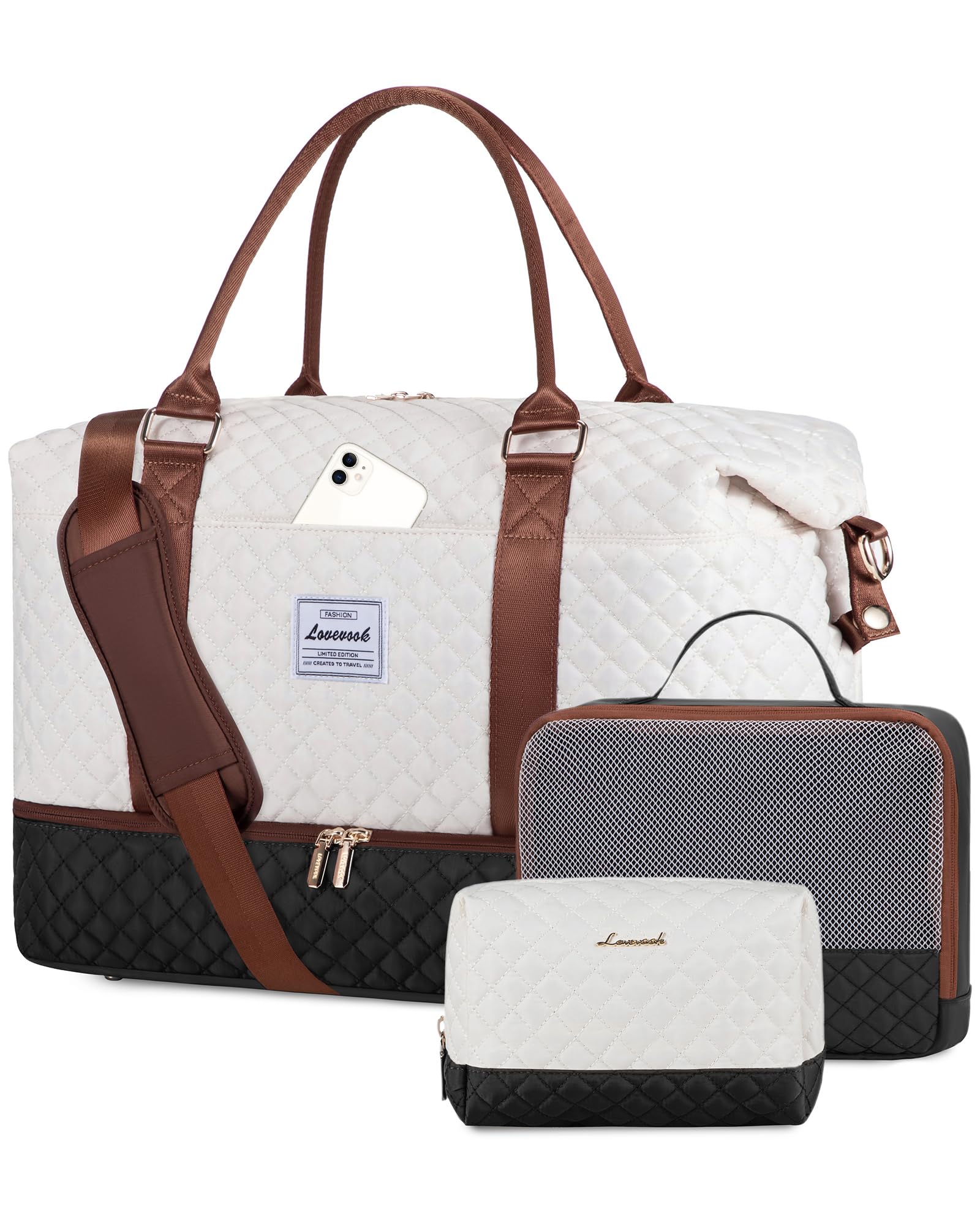 LOVEVOOK Women's Travel Weekender Bag with Shoe Compartment & Wet Pocket - 3 Piece Carry On Overnight Duffle Set for Gym, Yoga, Hospital & Labor Delivery - Perfect for Weekend Getaways, Business Trips & Maternity Care