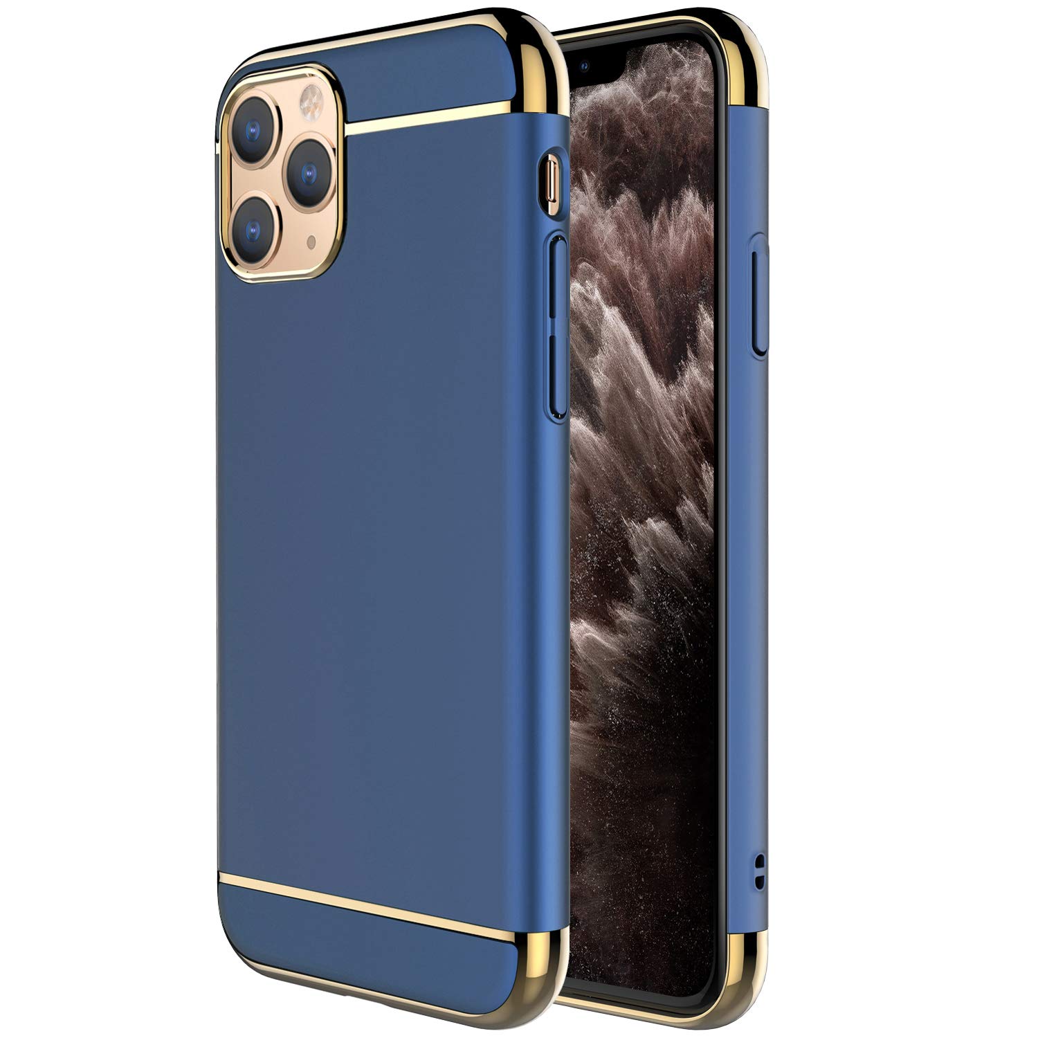Ultra Thin iPhone 11 Pro Max Case (6.5 inch 2019) - 3 in 1 Slim Hard Cover with Anti-Slip Matte Finish & Electroplated Frame | Stylish Blue & Gold Design | Perfect for Daily Protection, Work & Travel