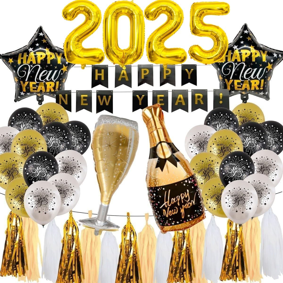 2025 New Year Balloons Kit - Foil Balloon Banner, Tassel & Silver Latex Balloons for 2025 Party Decorations | Happy New Year Party Supplies, Backdrop Decor (Gold Banner) - Perfect for NYE Countdown, Birthday Celebrations & Festive Home Decor