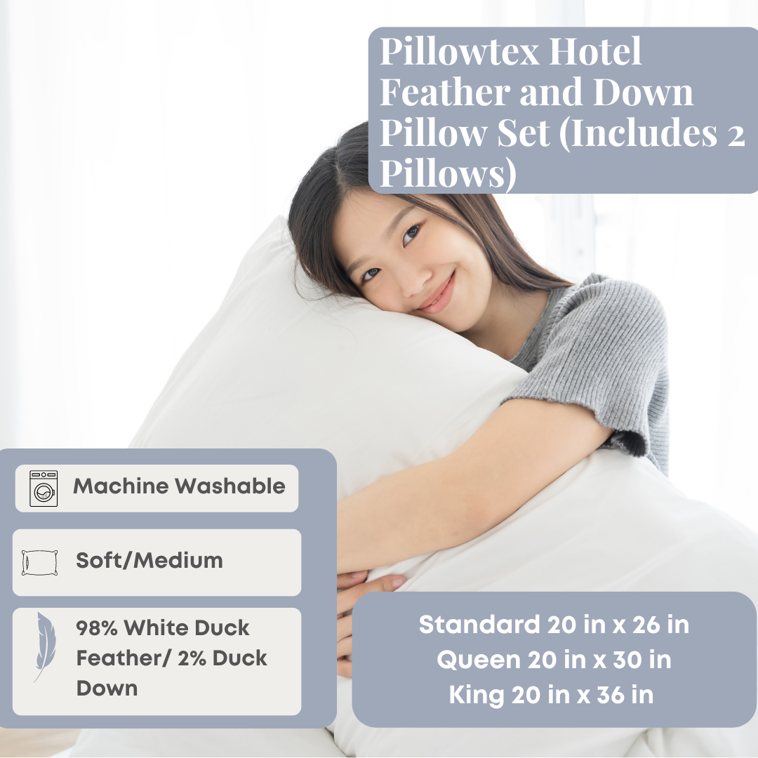 Premium Pillowtex Hotel Collection Feather & Down Pillows Set of 2 - Luxury Soft Support for Side, Back & Stomach Sleepers - Perfect for Bedroom, Guest Room & Hotel Use
