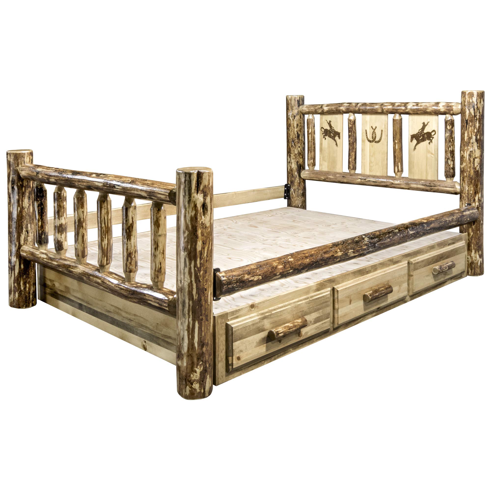 Montana Woodworks Twin Storage Bed with Laser Engraved Bronc Design - Rustic Wooden Platform Bed Frame with Underbed Drawers - Perfect for Kids Rooms, Guest Bedrooms & Small Space Storage Solutions