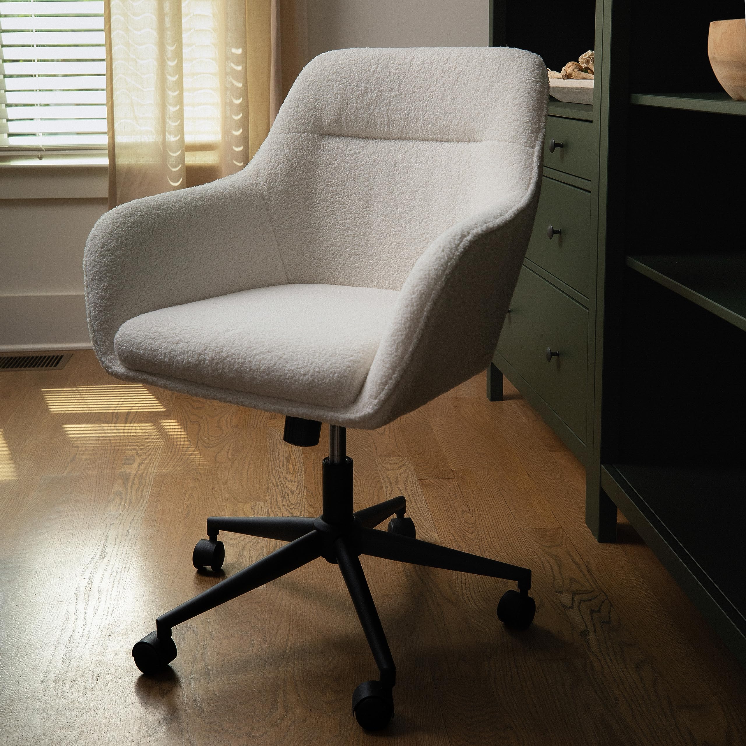 Martha Stewart Rayna Swivel Task Chair with Flared Arms - White Boucle Fabric & Oil Rubbed Bronze Frame - Ergonomic Home Office Chair for Comfortable Working & Studying