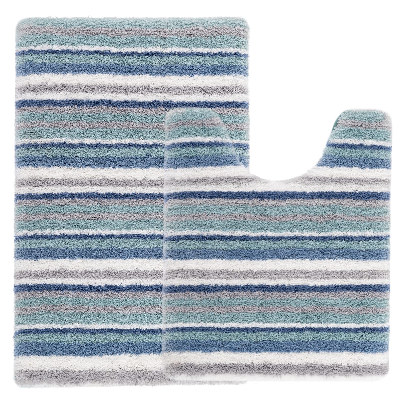 Premium 2-Piece Carvapet Bathroom Rug Set - Ultra Soft Absorbent Microfiber Bath Mat & U-Shaped Toilet Rug, Non-Slip Shaggy Machine Washable Floor Mats in Blue Grey White (20