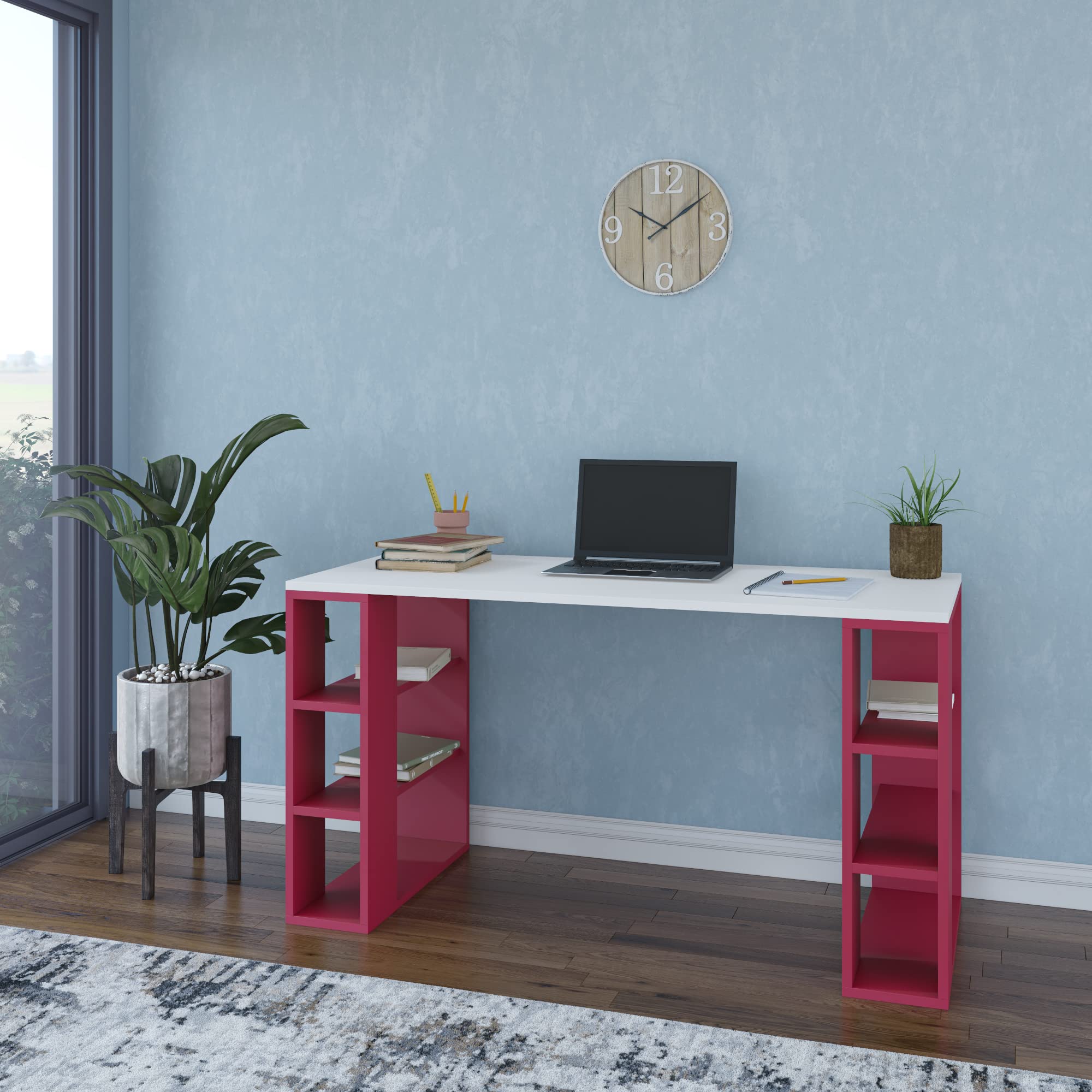 Dixon Home Office Desk 55.12'' Wide, White & Burgundy Modern Writing Table with Storage Shelf - Perfect for Small Spaces, Remote Work & Study