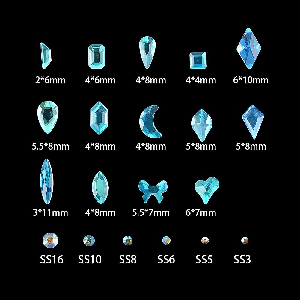 8640Pcs Champagne & Polar Blue Flatback Rhinestones Kit - 20 Shapes Nail Art Crystals, Round Beads, Diamond Jewels with Wax Pen & Tweezers - Perfect for DIY Nail Designs, Wedding Decor, Jewelry Making & Craft Projects