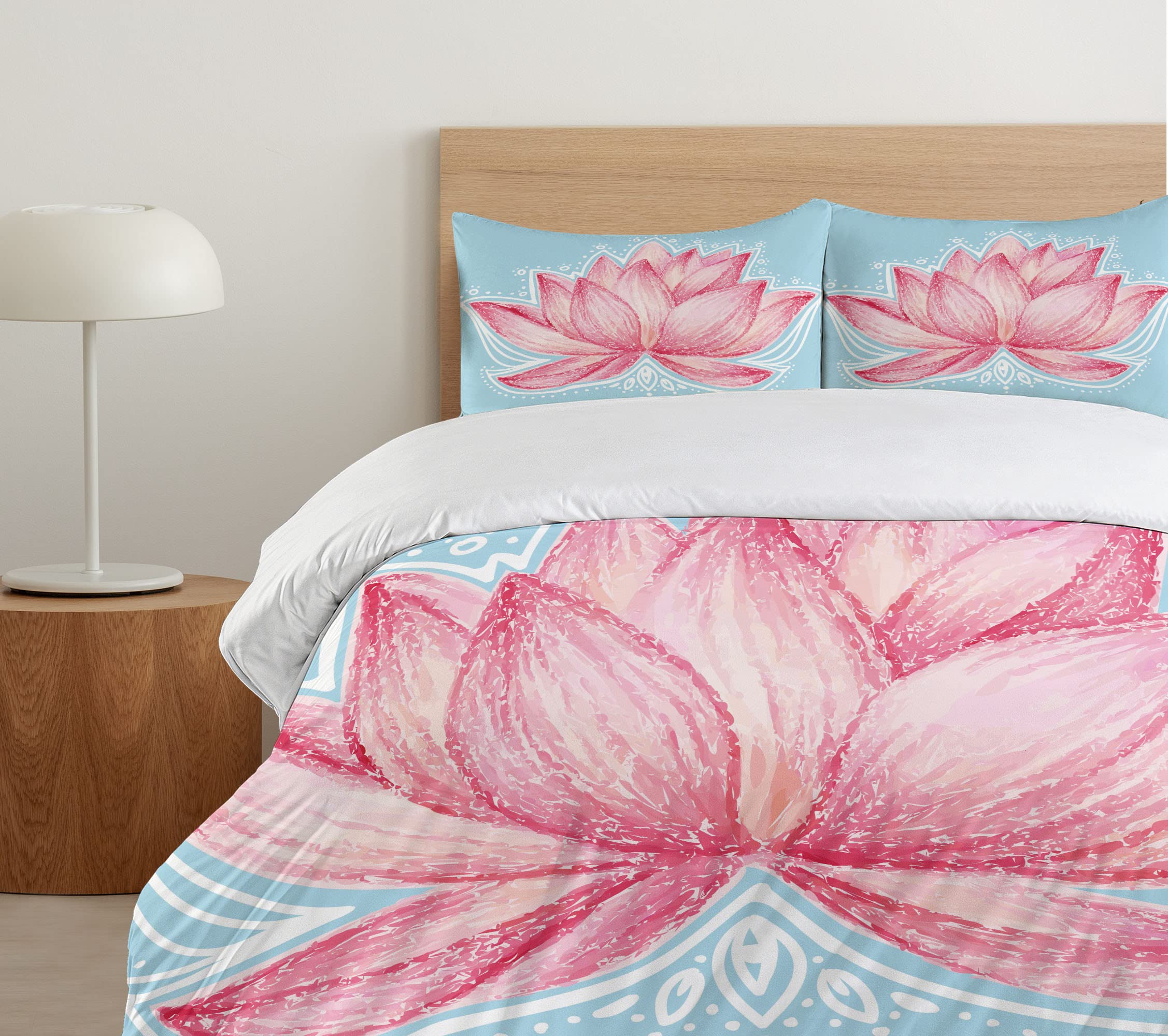 Ambesonne Lotus Duvet Cover Set King Size - Pink & Pale Blue Botanical Floral Bedding with 2 Pillow Shams | Gardening Theme Lotus Flower Pattern | 3-Piece Decorative Bedding Set for Master Bedroom, Guest Room & Bohemian Home Decor