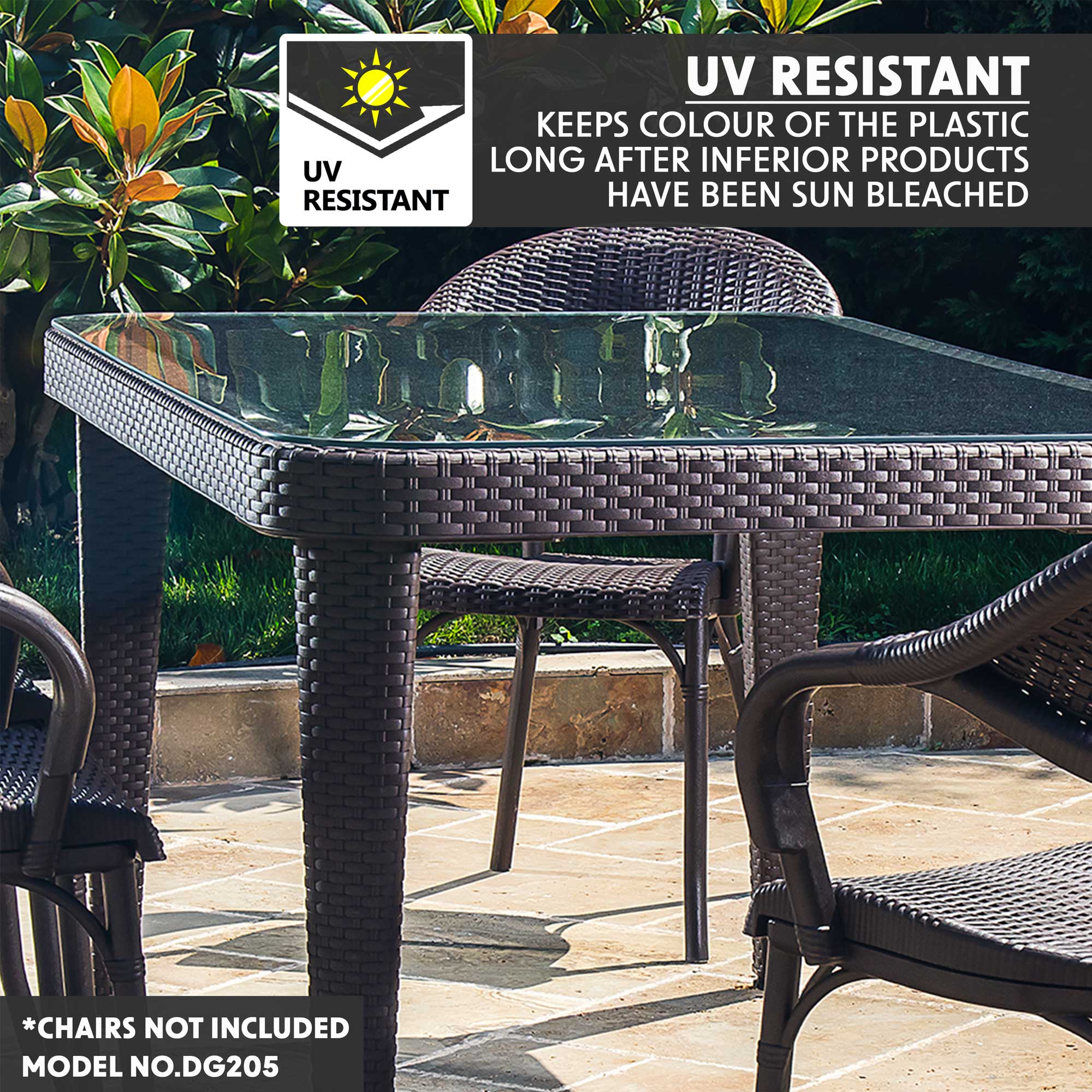 Outdoor Dining Table 90x150cm - Weather Resistant Wenge Wood with Tempered Glass Top - Perfect for Patio, Garden & Backyard BBQs