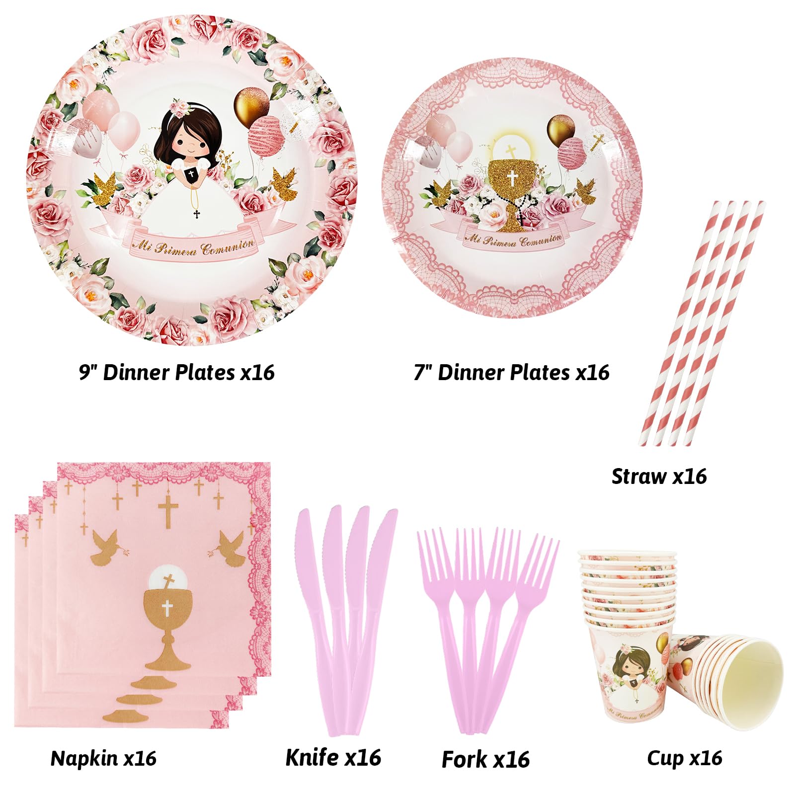 112 Pcs Pink Baptism Plates & Napkins Set - First Communion Party Supplies for Girls, Christening Tableware, Confirmation Decor - Perfect for Mi Primera Comunion, Mi Bautizo Celebrations - Ideal for Church Events, Baby Showers & Religious Ceremonies