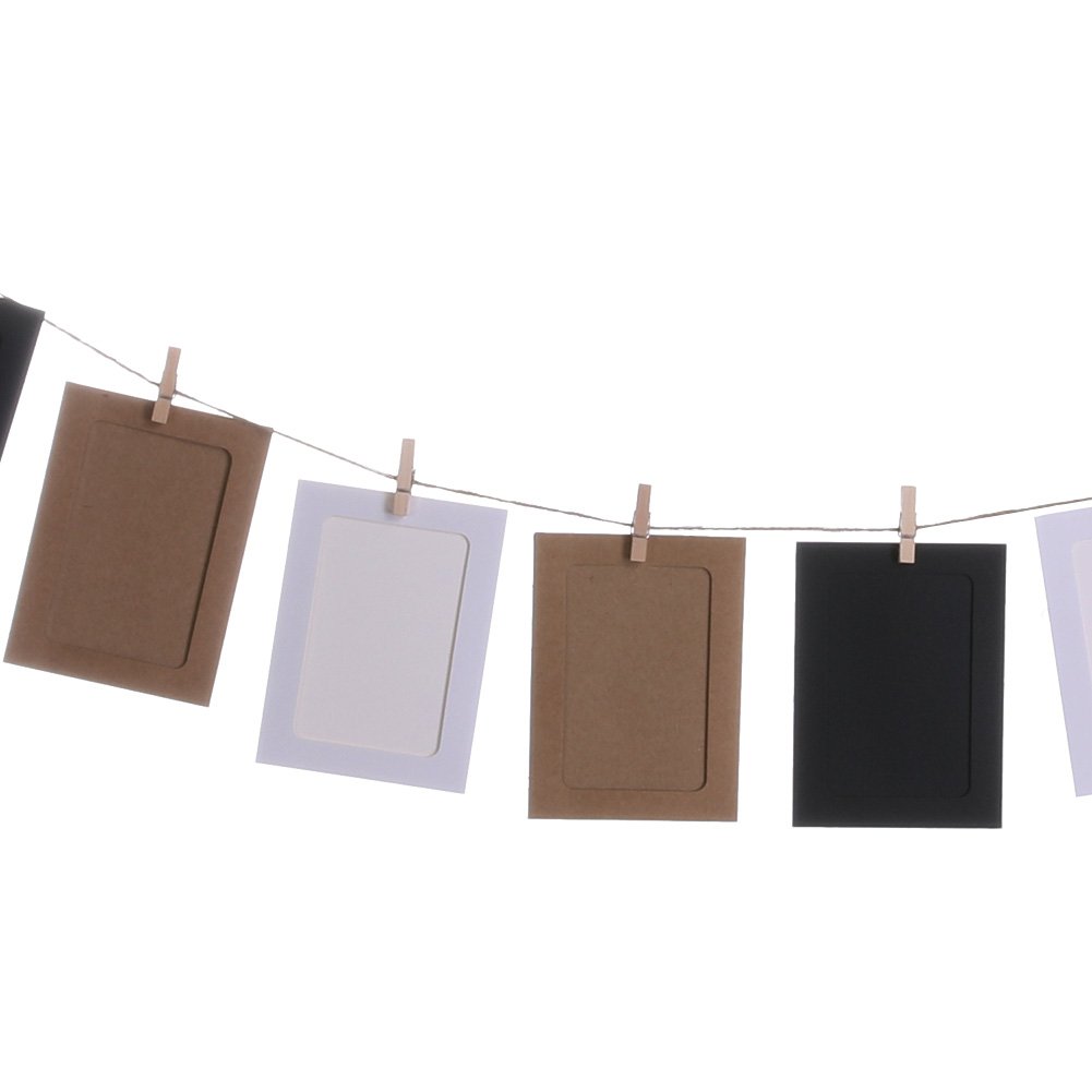 30 Pack DIY Kraft Paper Photo Frames with Wooden Clips & Hanging String - White, Black, Brown (3