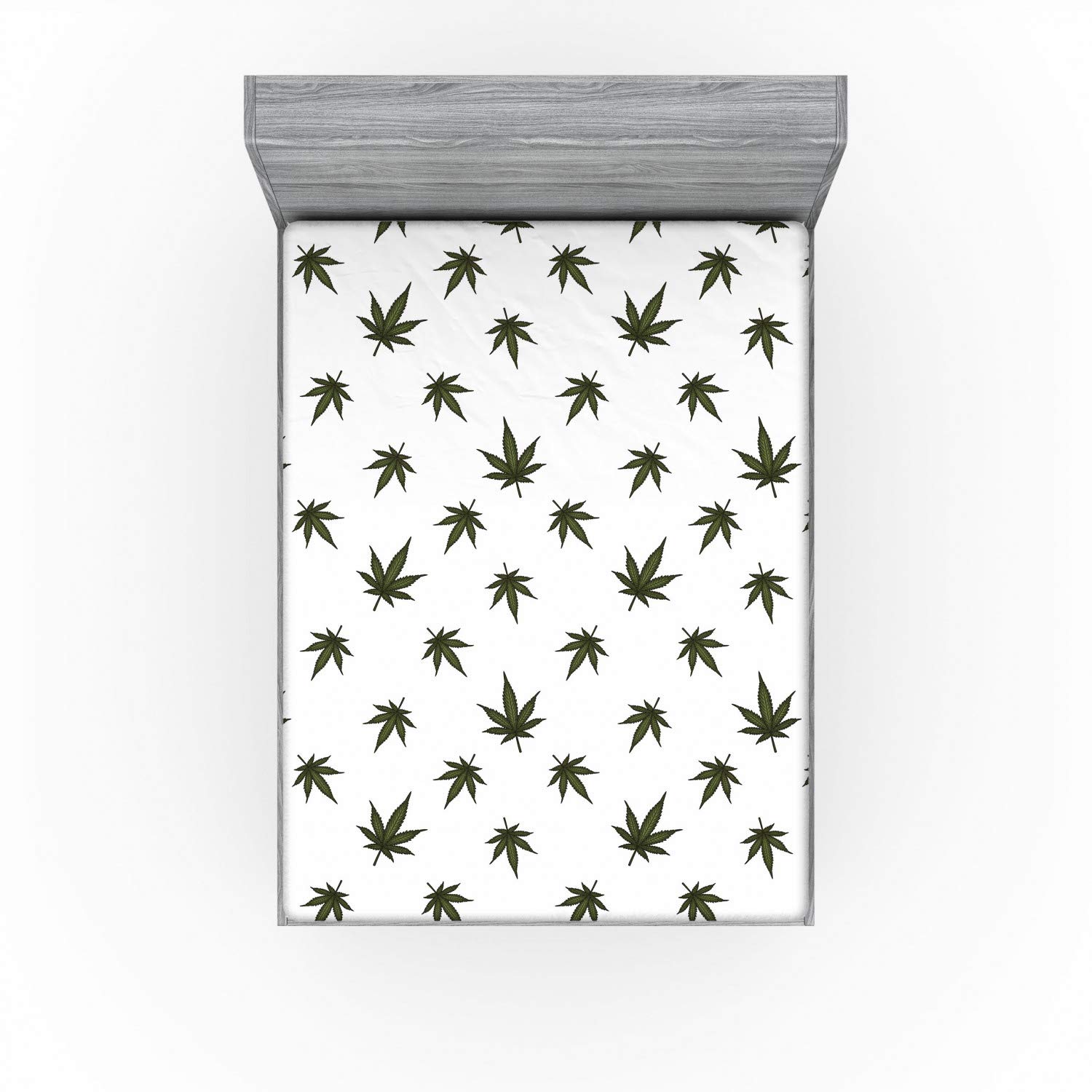 Ambesonne Botanical Fitted Sheet - California King Size Green White Leaves Flowering Plant Hemp Vegetable Medicinal Herbs Pattern Bed Cover with All-Around Elastic Pocket | Soft & Comfortable for Bedroom, Guest Room, Vacation Home