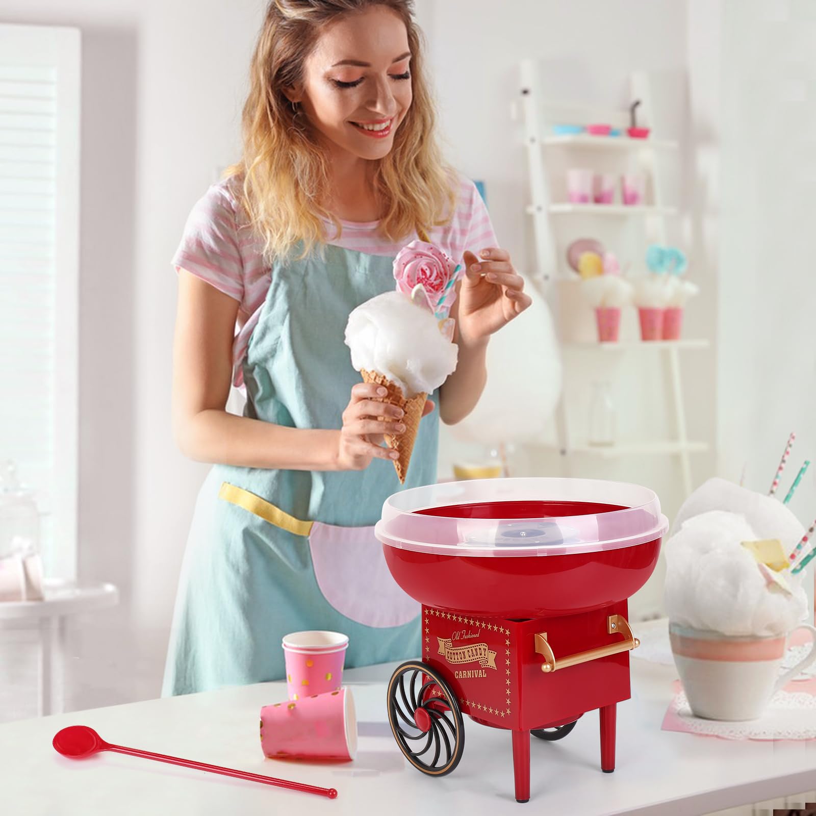 Mini Electric Cotton Candy Maker Machine with Sugar Scoop & Splash-Proof Plate - Portable Countertop Candy Floss Maker for Kids, Birthday Parties, Christmas, Carnivals & Home Use (Red)