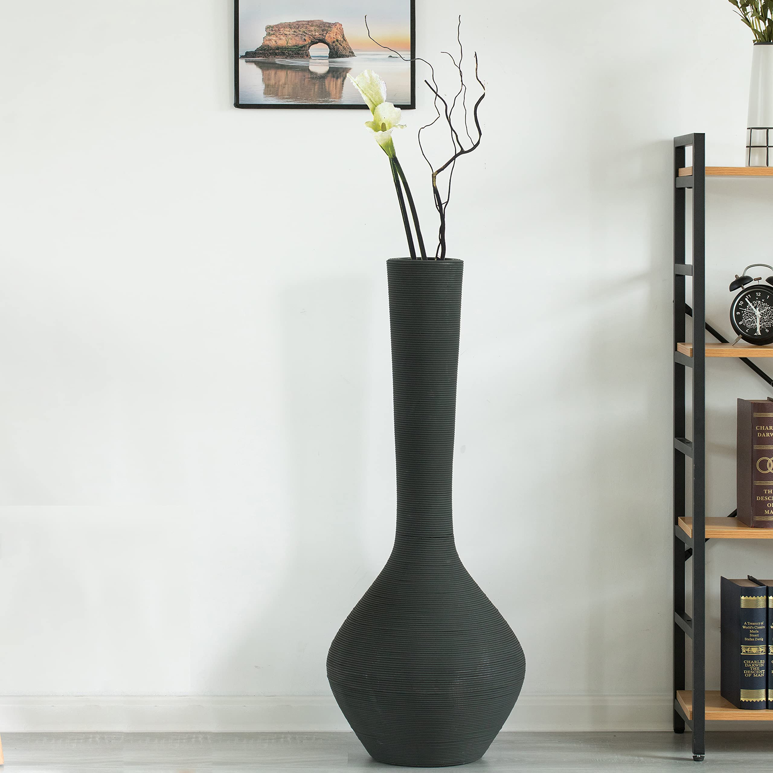 38-inch Tall Floor Vase - Modern Charcoal Grey Extra Large Trumpet Style Plastic Rope Vase | Lightweight Decorative Vase for Entryway, Dining Room, Living Room & Bedroom | Perfect for Home Decor, Wedding Centerpieces & Interior Design