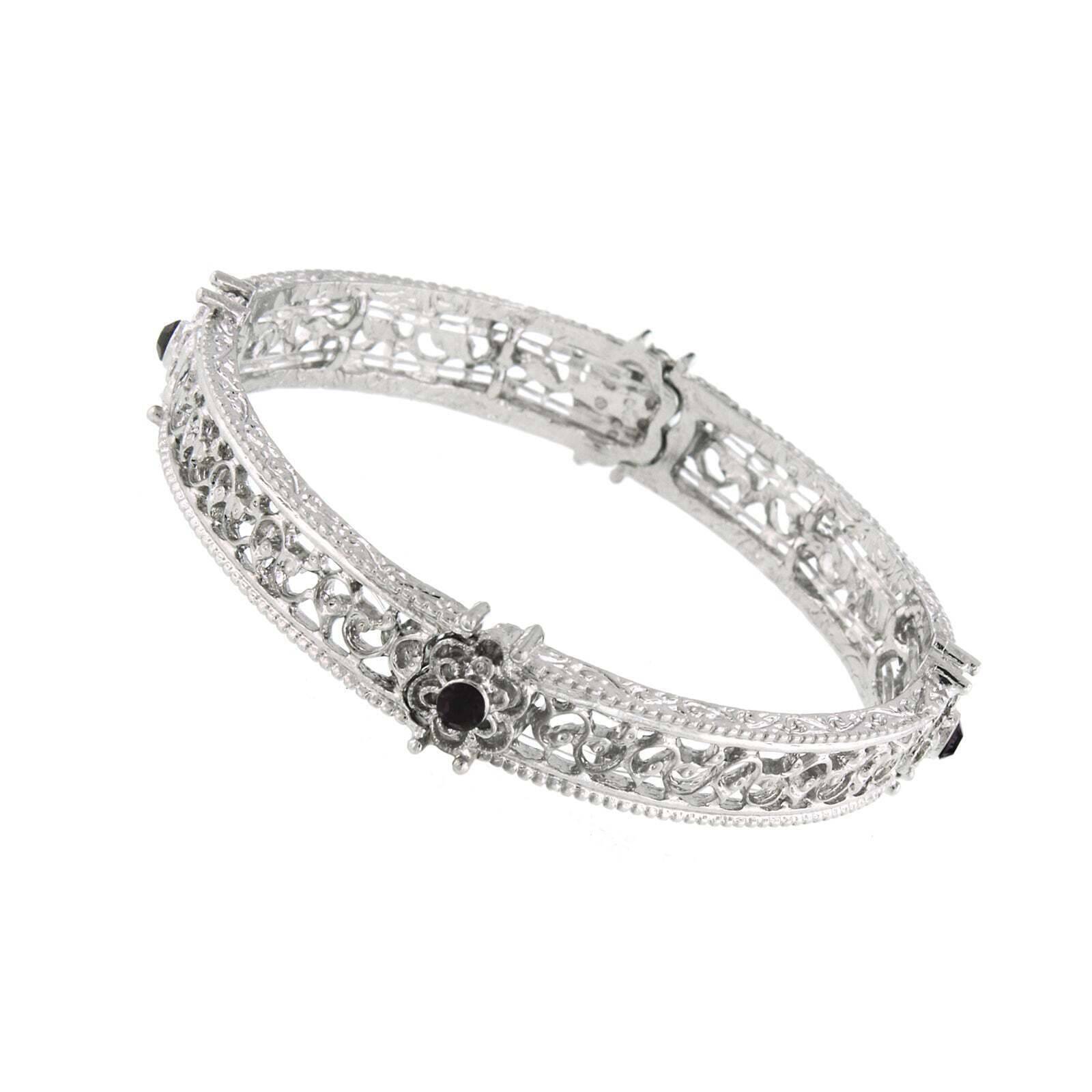 1928 Black Crystal Flower Stretch Bracelet for Women - Elegant Adjustable Beaded Wrist Jewelry for Party, Wedding & Evening Wear