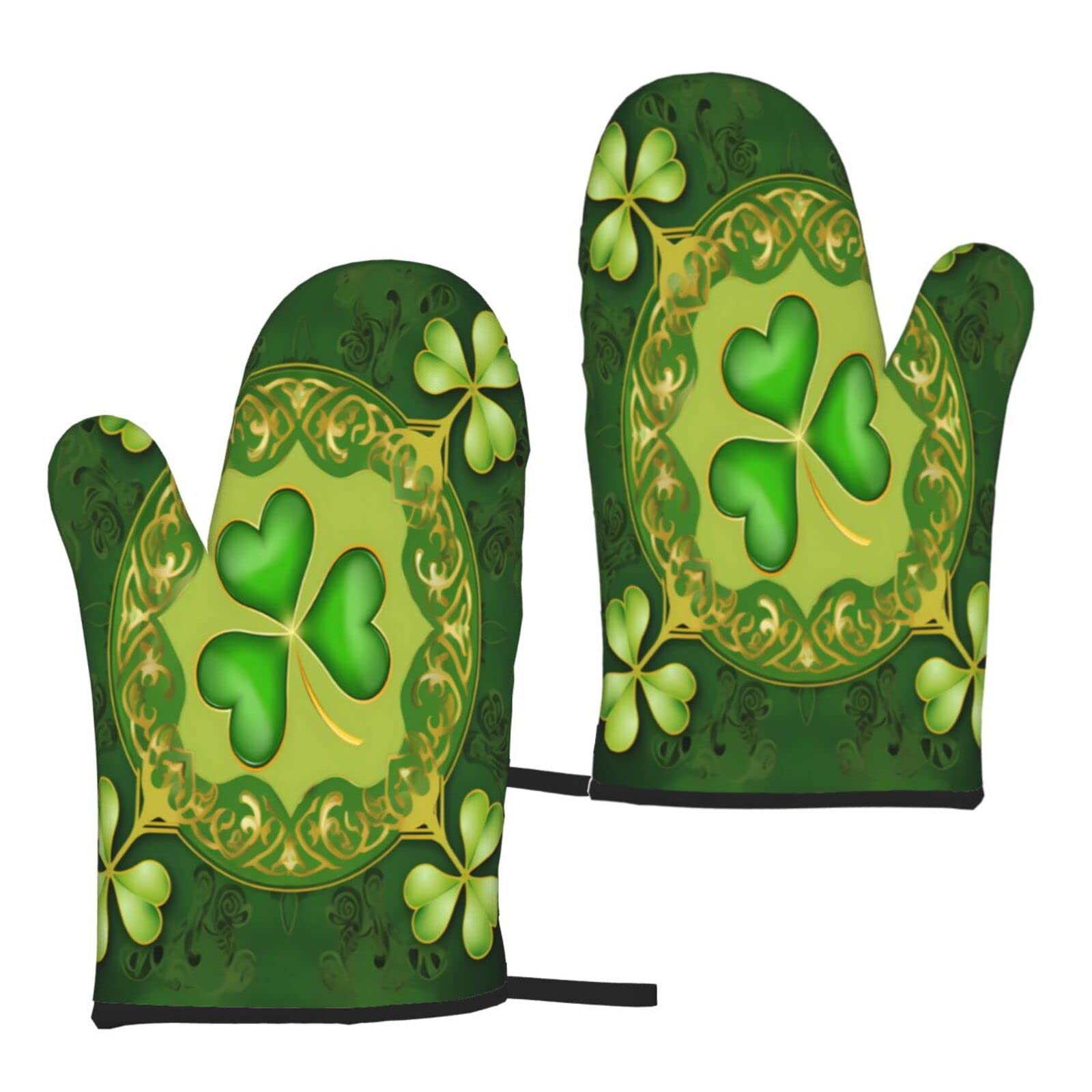 2-Piece Green Shamrock Clover Oven Mitts Set - Heat Resistant Baking Gloves for Cooking, BBQ, Grilling & Kitchen Use - Perfect for St. Patrick's Day & Holiday Baking