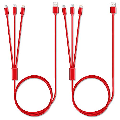 2-Pack 4FT 3-in-1 Nylon Braided Fast Charging Cable - USB C/Micro USB/Type C Multi Charger for iPhone, Samsung, Android Phones & Tablets - Perfect for Home, Office & Travel (Red)