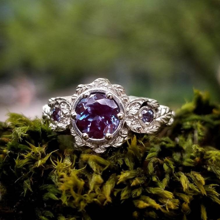 Chatham Alexandrite Leaf & Crescent Moon Engagement Ring - 14k Rose, Yellow or White Gold - Nature Inspired Antique Jewelry for Weddings & Proposals