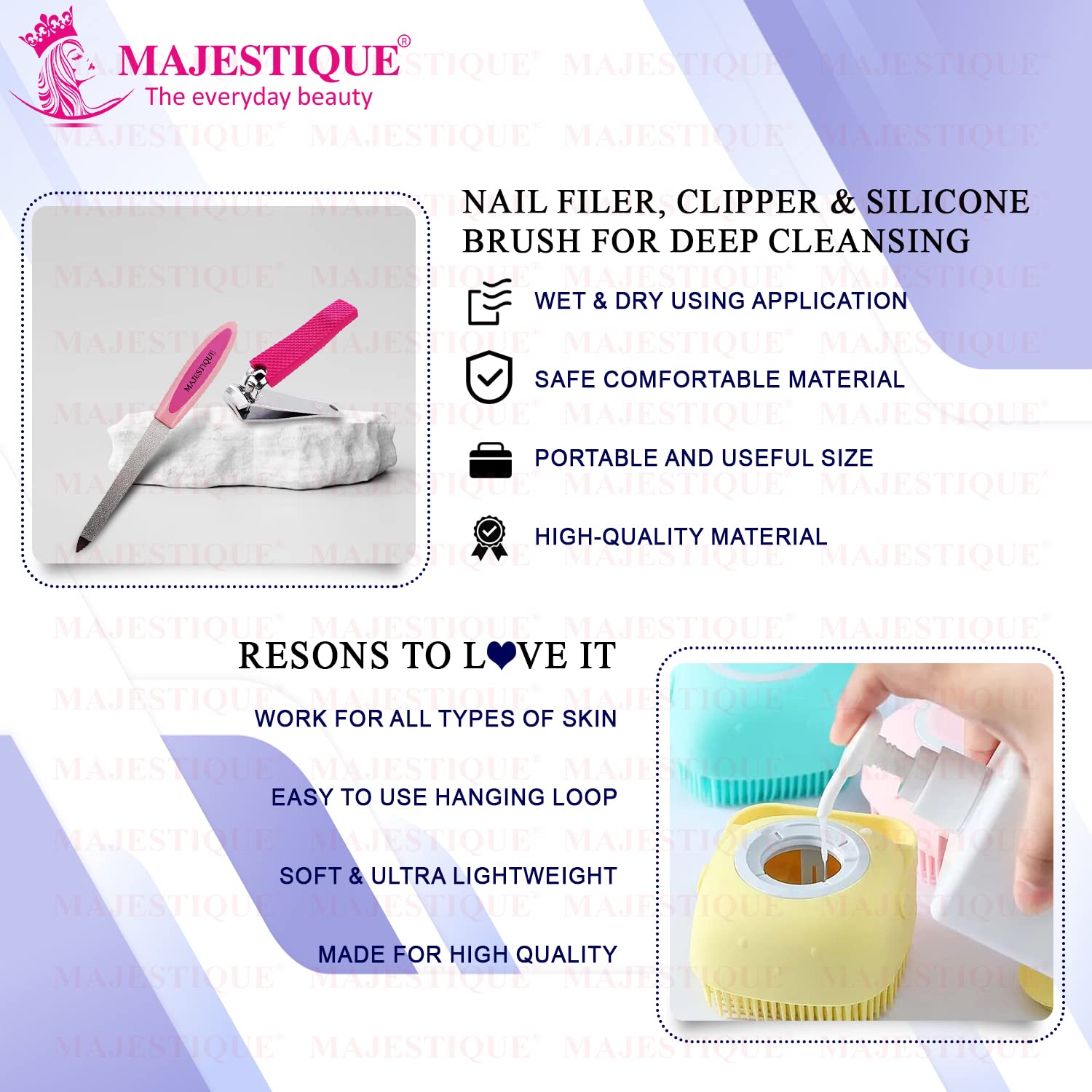 Majestique Nail Clipper & Filer Set with Soft Silicone Brush - Professional Nail Care Kit for Deep Cleaning, Cuticle Care & Relaxation - Home Spa Manicure Pedicure Essentials (Pack of 3) - Perfect for DIY Nail Care, Travel & Gift Giving