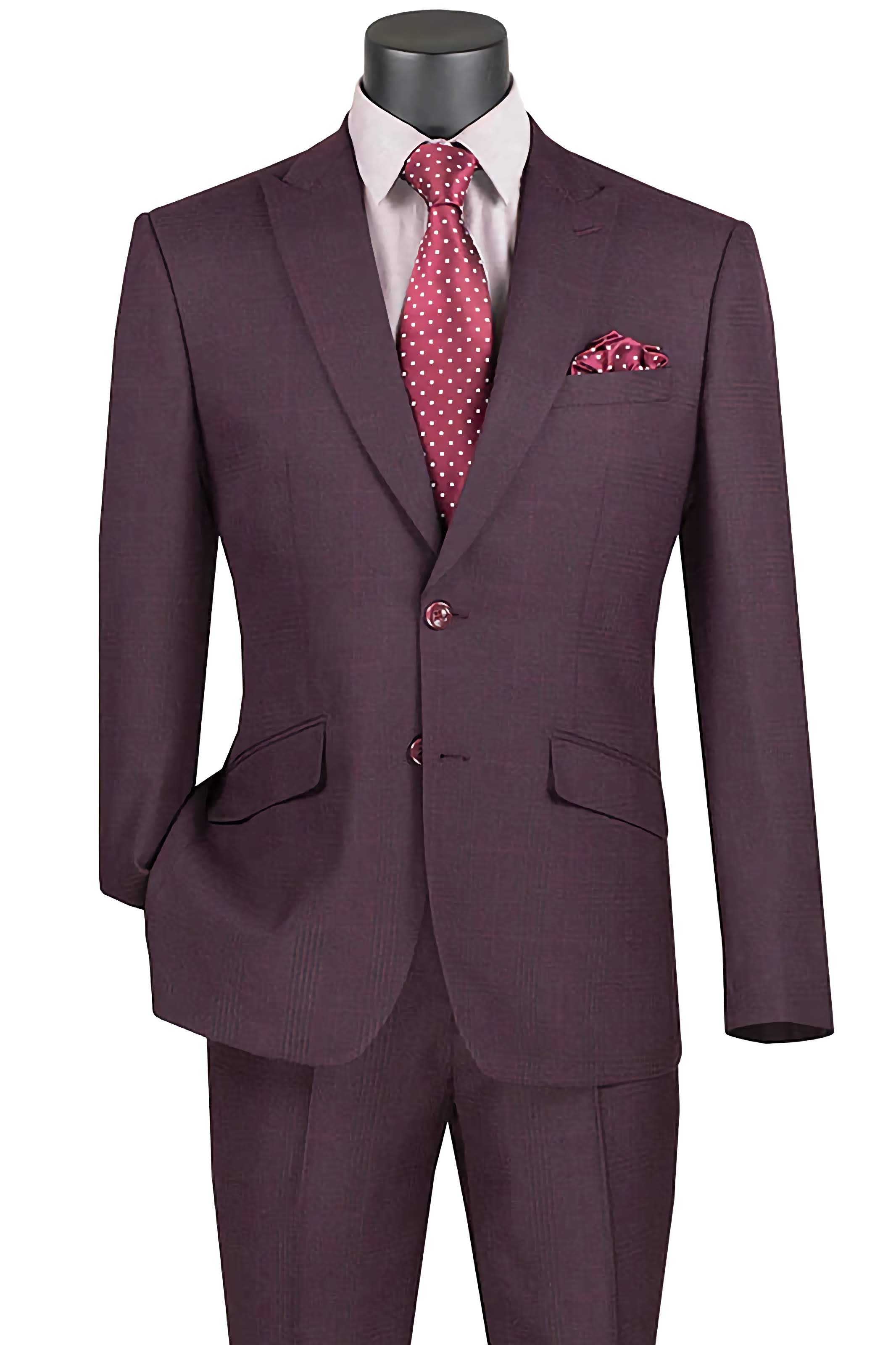 Men's Slim Fit 2 Piece Suit Burgundy Glen Plaid Pattern with Matching Pants | Formal Business Attire & Wedding Suit