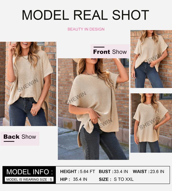 SHEWIN Women's Casual Short Sleeve Sweater - Loose Oversized Shirt Spring Tops for Women 2025 | Comfortable Everyday Wear, Office Outfits & Weekend Style