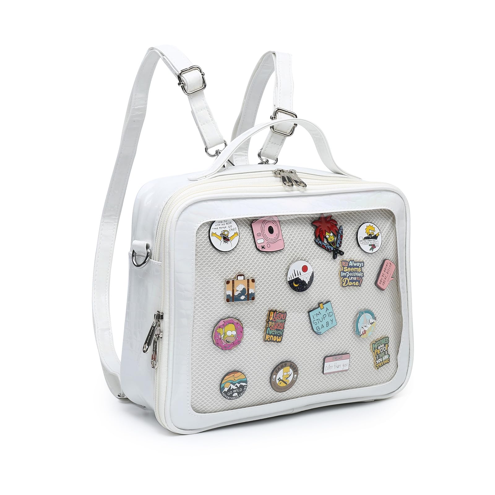 RAINBOW SMILE Ita Backpack Crossbody Bag - Cute Kawaii Pin Display Denim PU Messenger Shoulder Purse for School, Travel & Anime Conventions