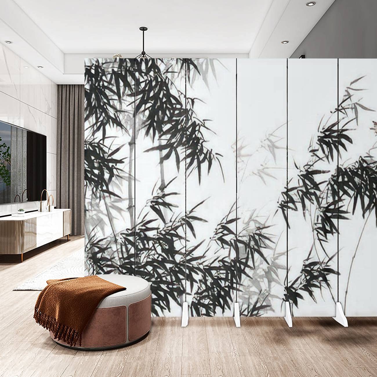 6-Panel Bamboo Canvas Room Divider with Chinese Ink Wash Painting - Folding Privacy Screen for Bedroom, Office & Living Room Separator | Home Decor Partition Wall