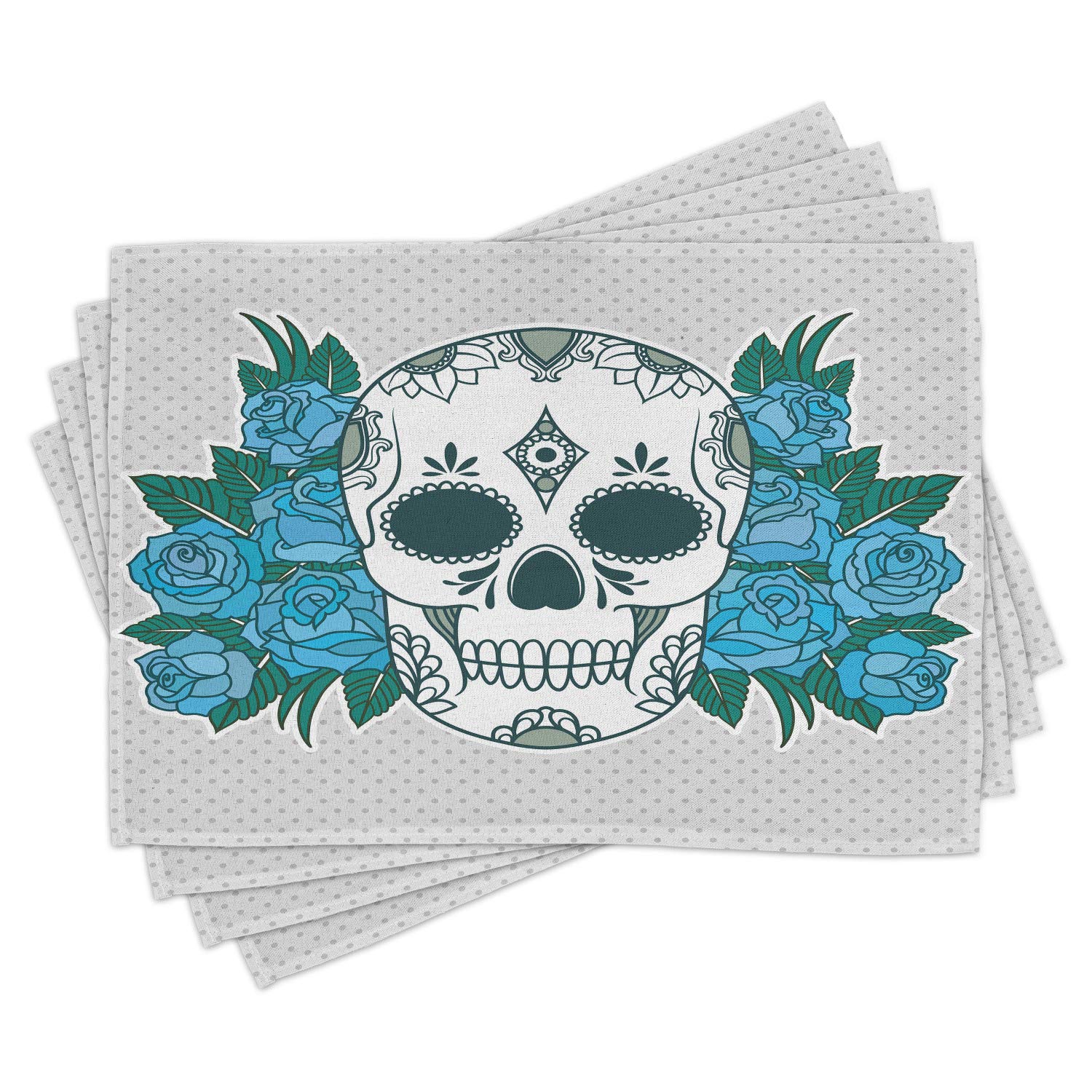 Ambesonne Skull Placemats Set of 4 - Gothic Skeleton Head with Oriental Paisley & Rose Leaf Design - Washable Fabric Table Mats for Dining Room & Kitchen Decor in Teal, Fern Green & White - Perfect for Halloween Parties, Gothic Home Decor & Themed Dinners