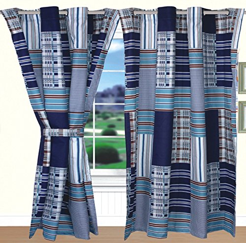 All American Collection 4-Piece Navy Patchwork Printed Modern Curtain Set - Premium Window Treatment for Living Room, Bedroom & Home Decor