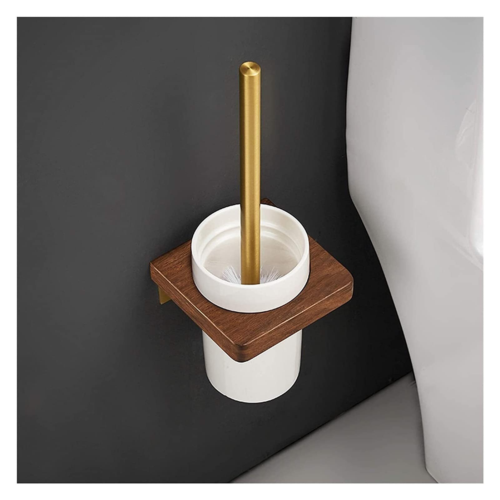 Ceramic Toilet Brush Holder with Aluminum Handle & Wooden Stand - Wall-Mounted Bathroom Cleaning Tool for Modern Homes | Ideal for Toilet, Bathroom & Restroom Hygiene