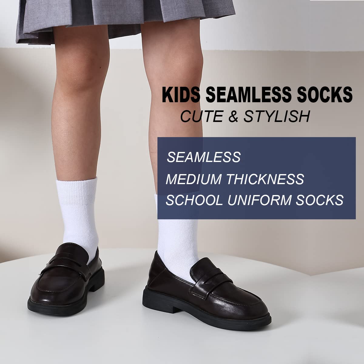Marchare Girls Crew Socks 6-Pack - Seamless Cotton School Socks for Kids in White, Black, Grey & Navy - Comfortable Everyday Wear for School, Sports & Play