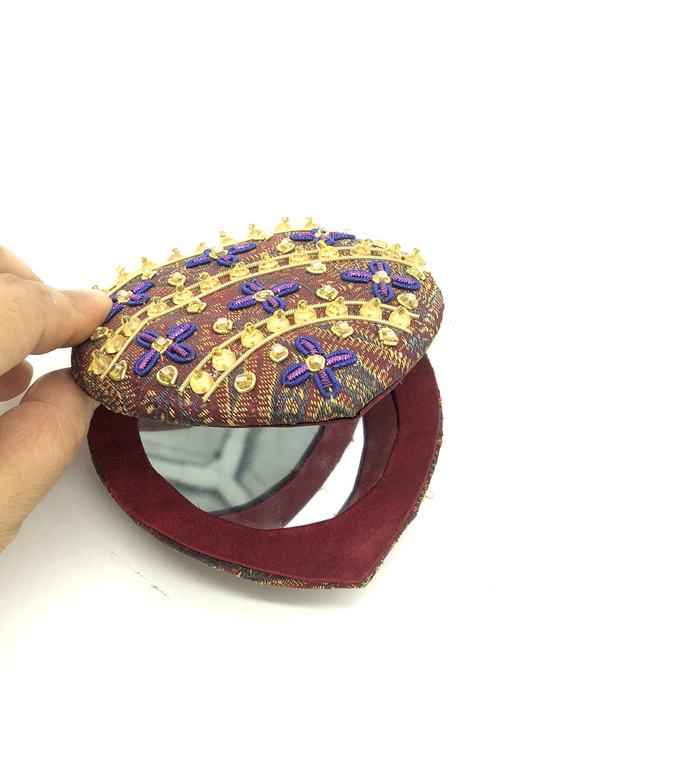 Purple Heart-Shaped Banarasi Zardozi Hand Mirror - Double Sided Folding Compact Travel Mirror with Magnifier for Makeup | Elegant Indian Handcrafted Gift for Women, Girls (Bridal, Purse, Cosmetic Use)