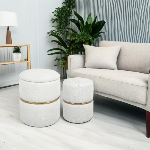 Luxury Faux Fur Round Storage Ottoman with Gold Metal Hoop - Upholstered Vanity Stool & Foot Rest, Pack of 2 - Perfect for Living Room, Bedroom & Entryway - Multi-Functional Coffee Table & Seating Solution for Home Decor