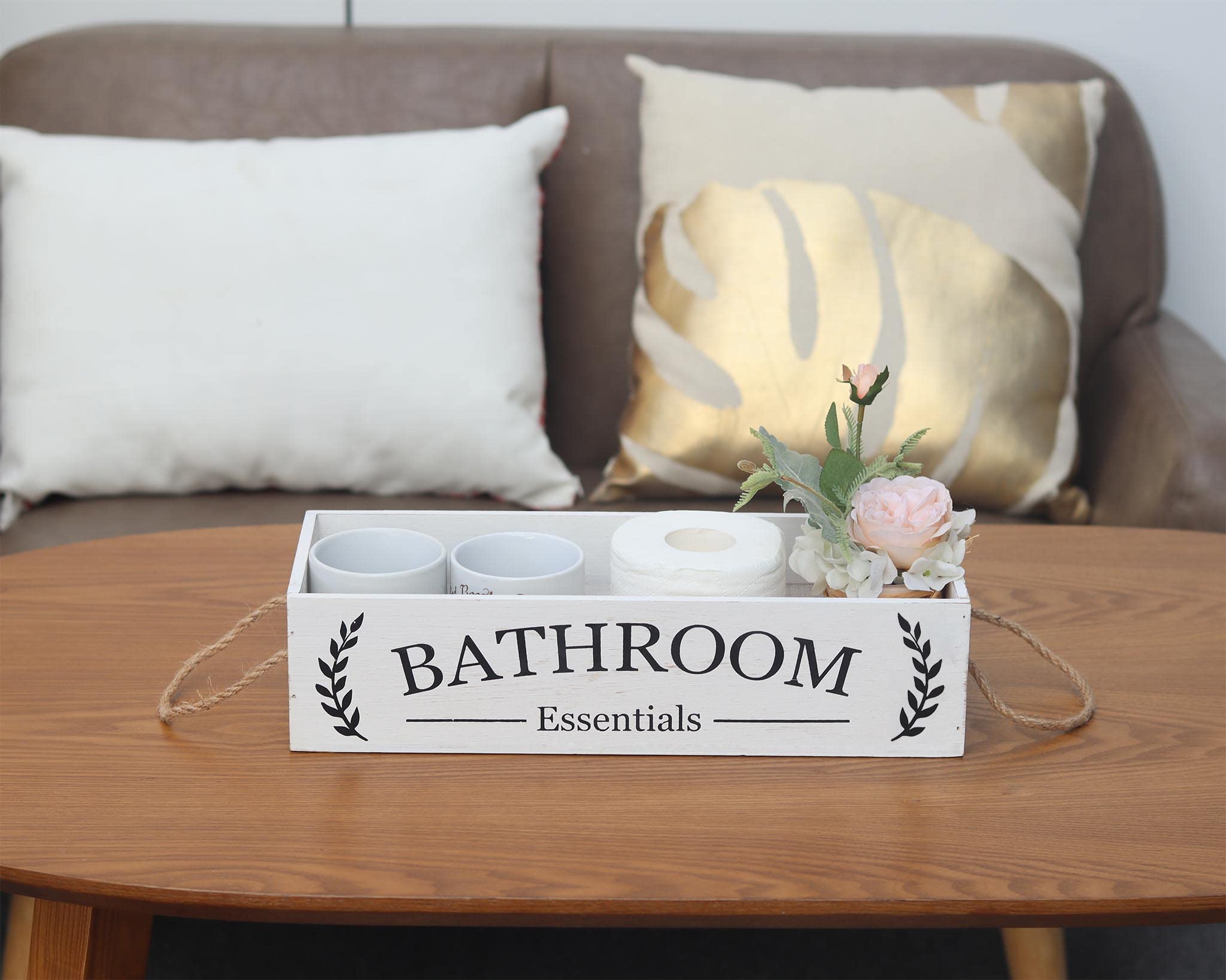Rustic Farmhouse Wooden Bathroom Storage Box - Over The Toilet Organizer with Rope Handle, Distressed White Finish - Perfect for Toilet Paper Storage, Bathroom Decor & Small Space Organization