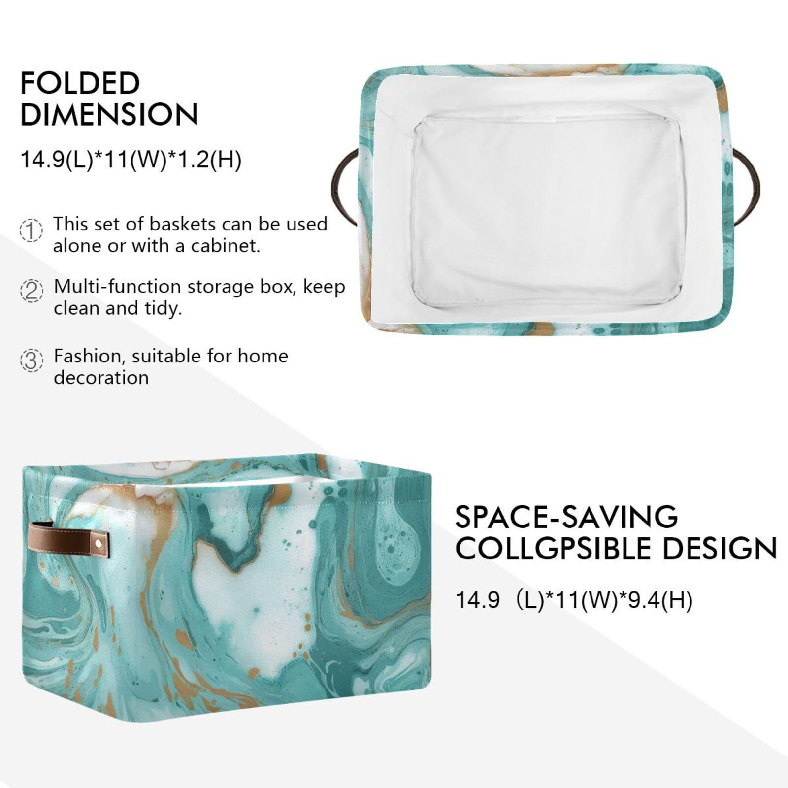 Turquoise Marble Storage Baskets 2-Pack - Large 15x11x9.5 Inch Canvas Toy & Clothes Organizer Bin for Home, Office, Nursery & Bathroom Decor