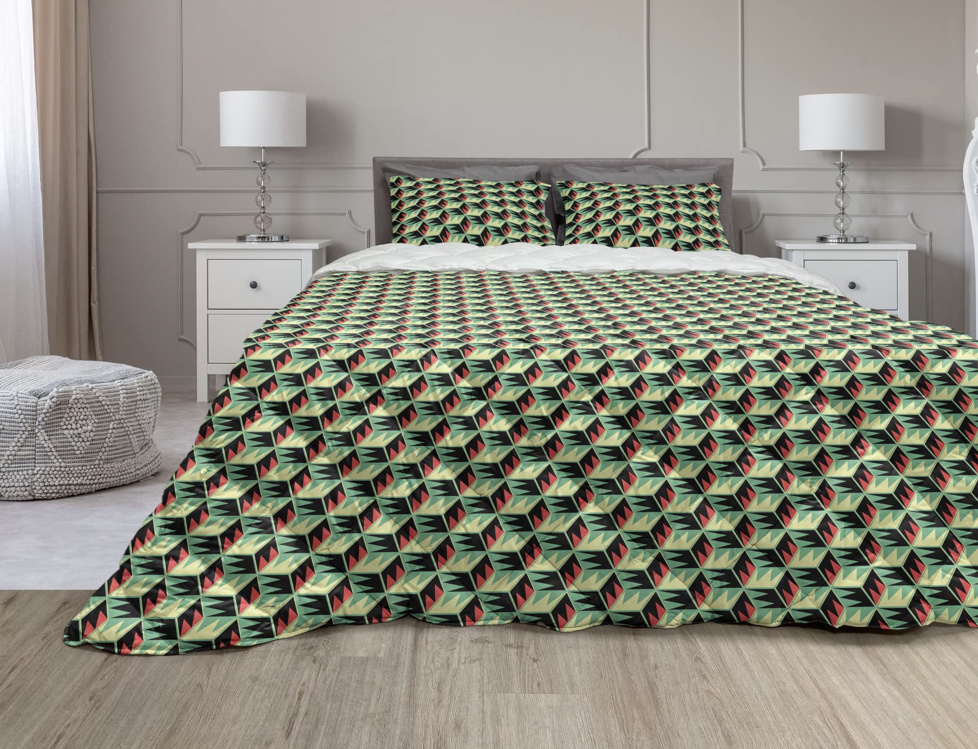 Ambesonne Mosaic Comforter & Sham Bedding Set - Retro Abstract Hexagon Geometric Design, 3-Piece Microfiber Duvet Cover Set in Dark Coral Green & Yellow | Full Size Bedding for Modern Bedrooms, Guest Rooms & Dorm Decor