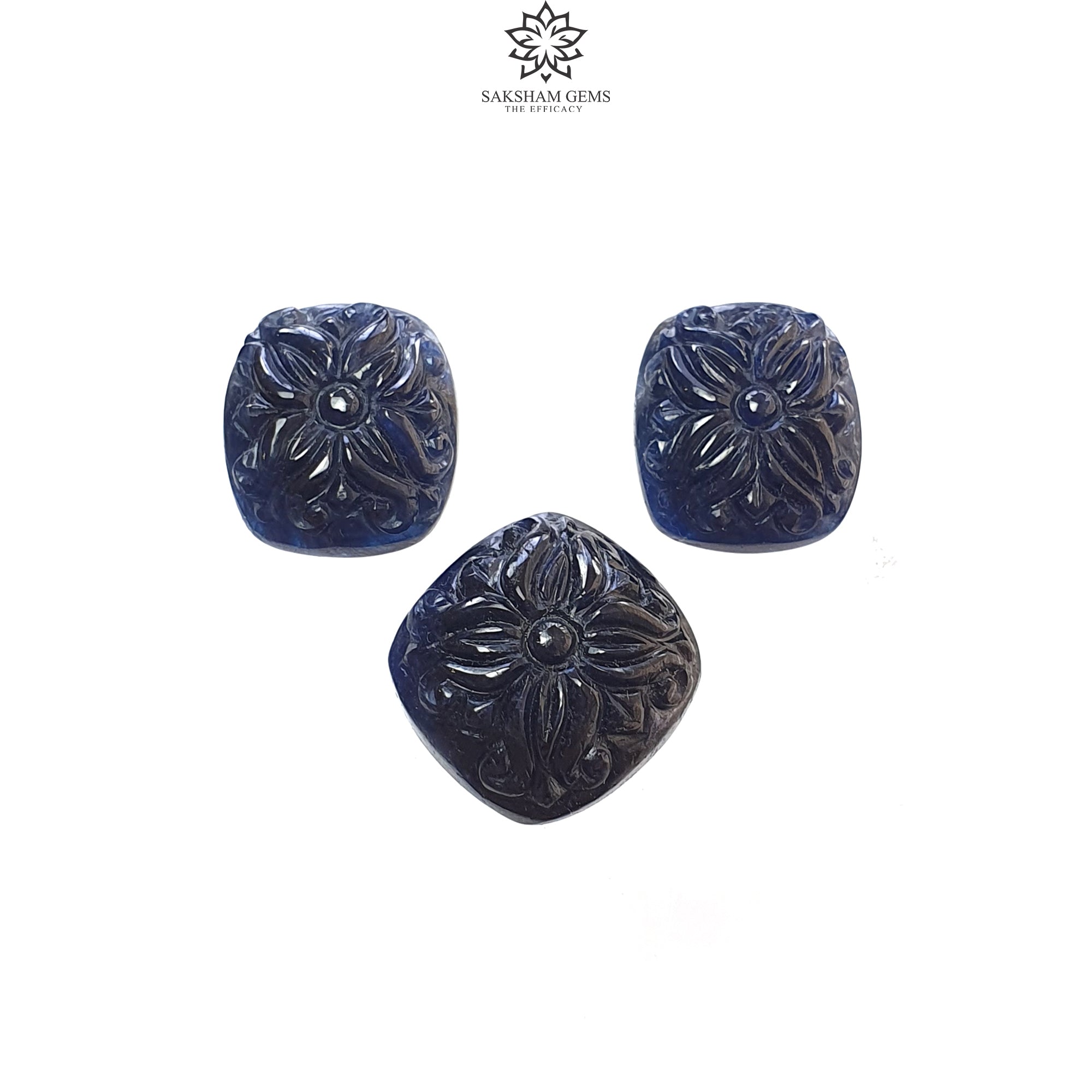 Natural Deep Blue Sapphire Gemstone Carving - 62.60cts Untreated Unheated Hand-Carved Cushion Shape (17x15mm & 18x20mm, 3pcs) | Jewelry Making, Engagement Rings & Luxury Gift Ideas
